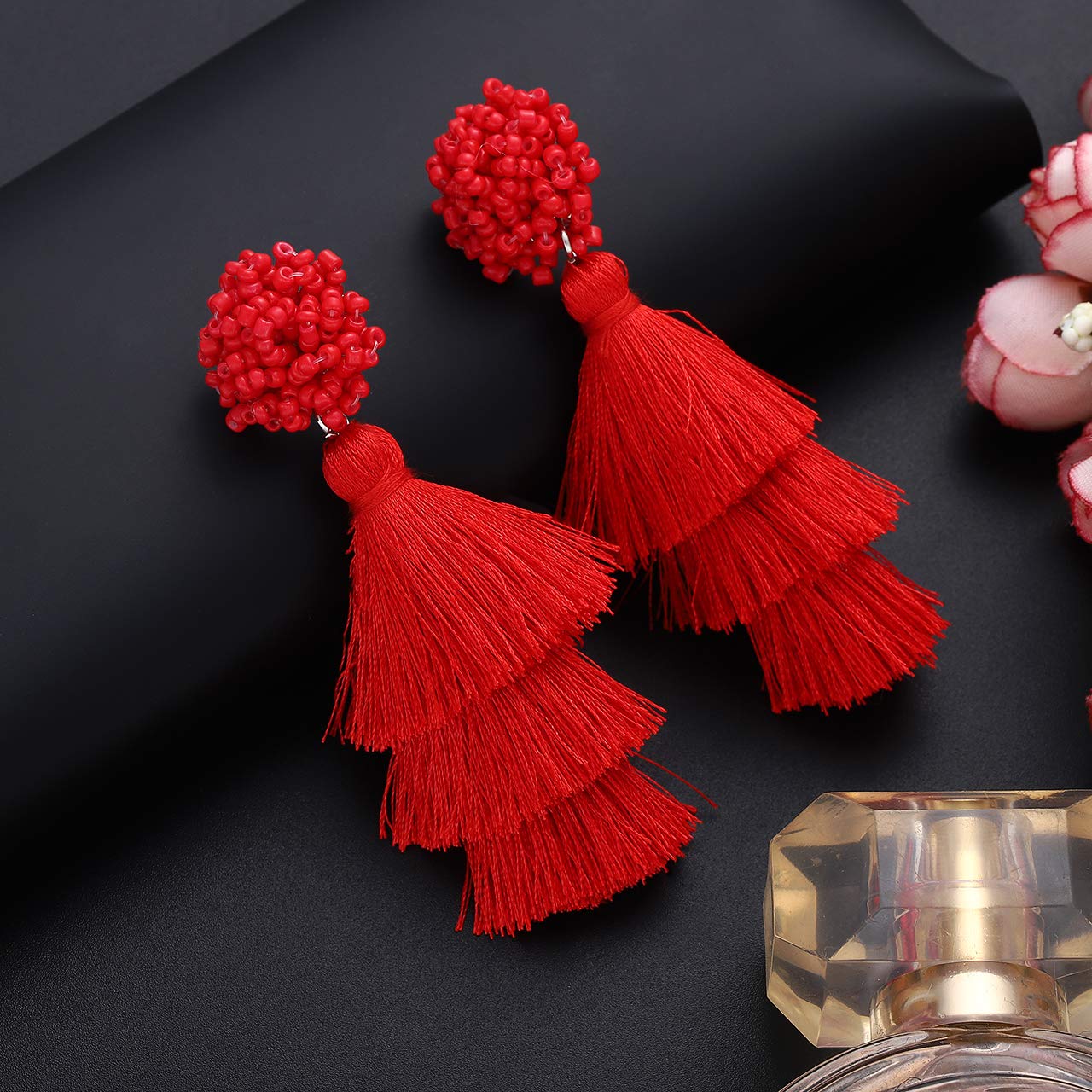 Bohemian Layered Tassel Earrings for Women - Lightweight Colorful Beaded Drop Dangle Earrings with Long Fringe Threads - Perfect Statement Jewelry Gift for Parties, Weddings and Everyday Wear