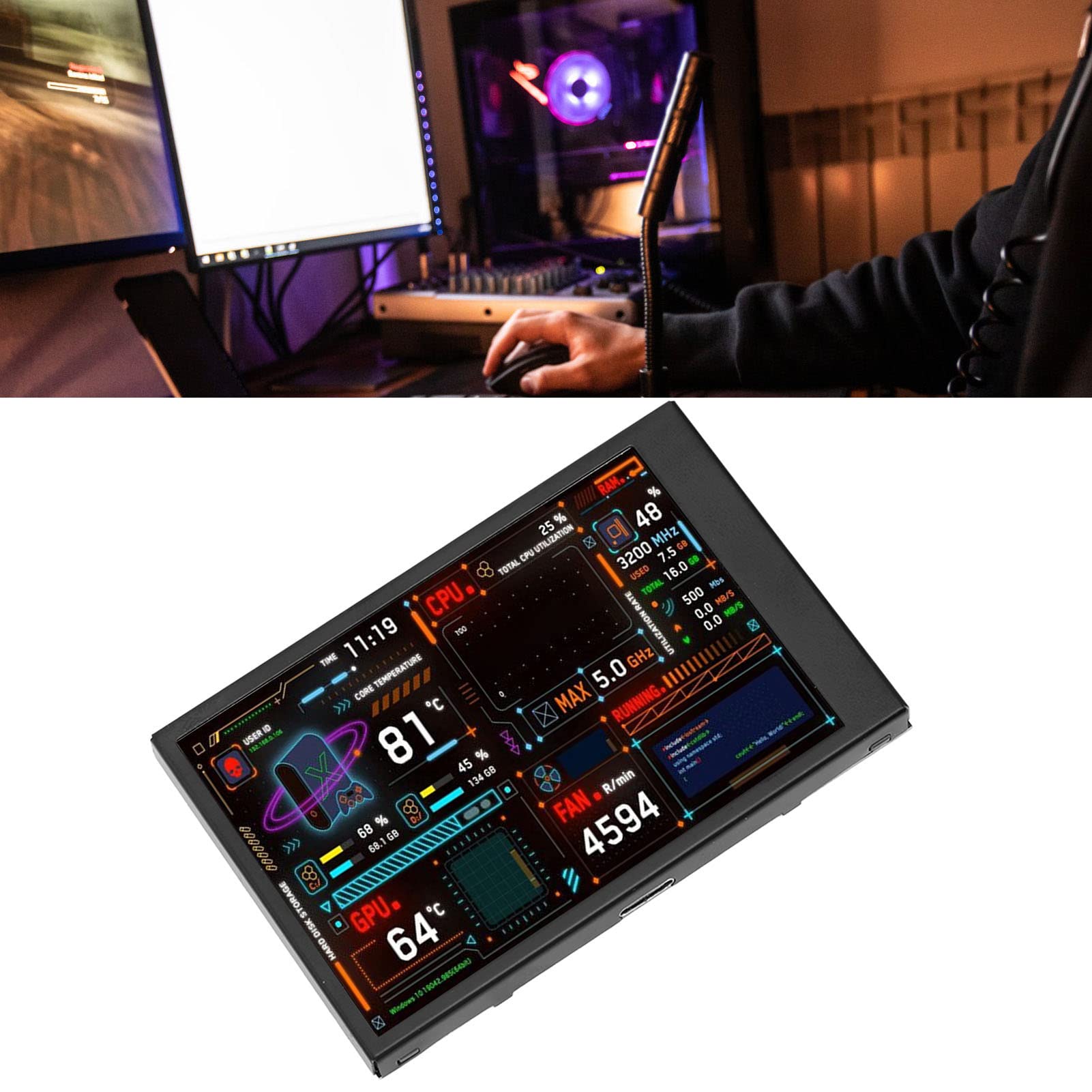 VBESTLIFE 3.5in IPS PC Temperature Monitor with Dual USB Ports - Mini Screen Sensor Panel Display, Visual Theme Editor, CPU/GPU/RAM/HDD Data Monitor - Perfect for Gaming PC Setup & System Monitoring
