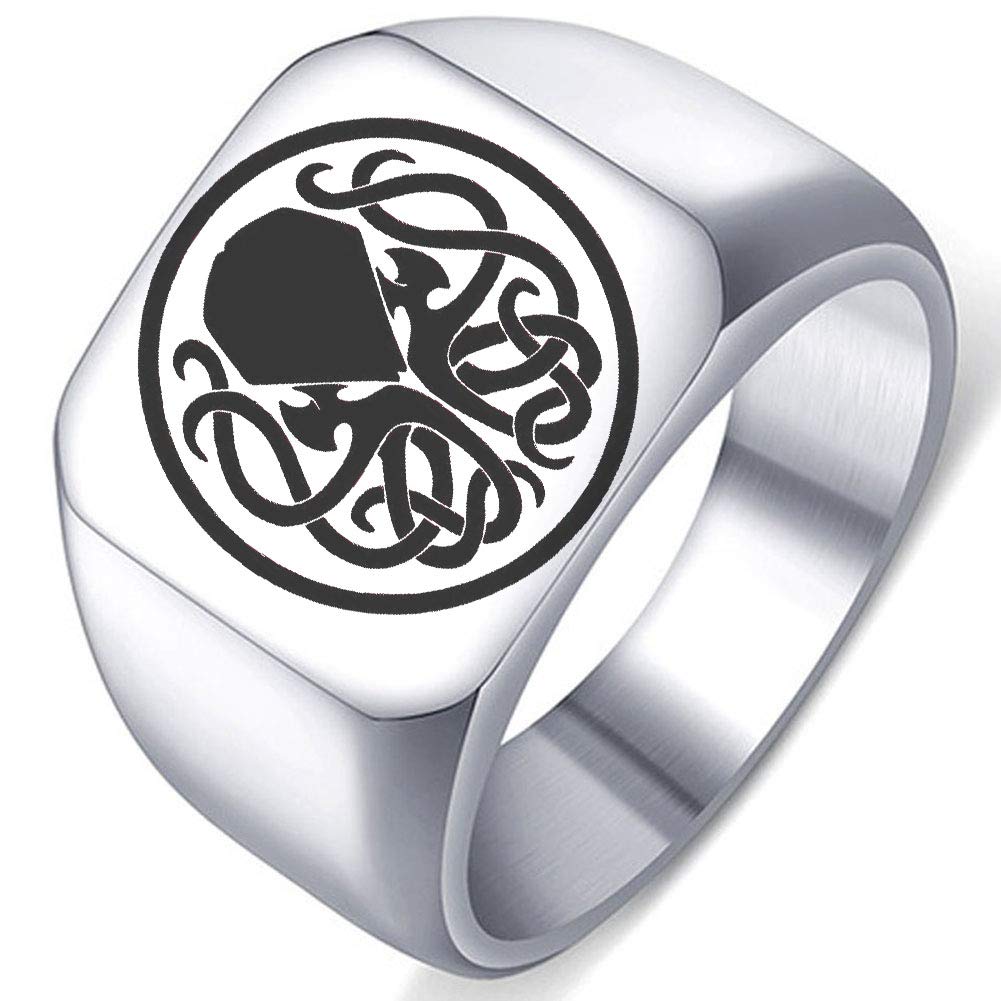 Cthulhu Mythos Stainless Steel Ring - Laser Engraved Badge Symbol, High Polish Finish - Perfect for Lovecraft Fans, Cosplay, and Gothic Jewelry Lovers