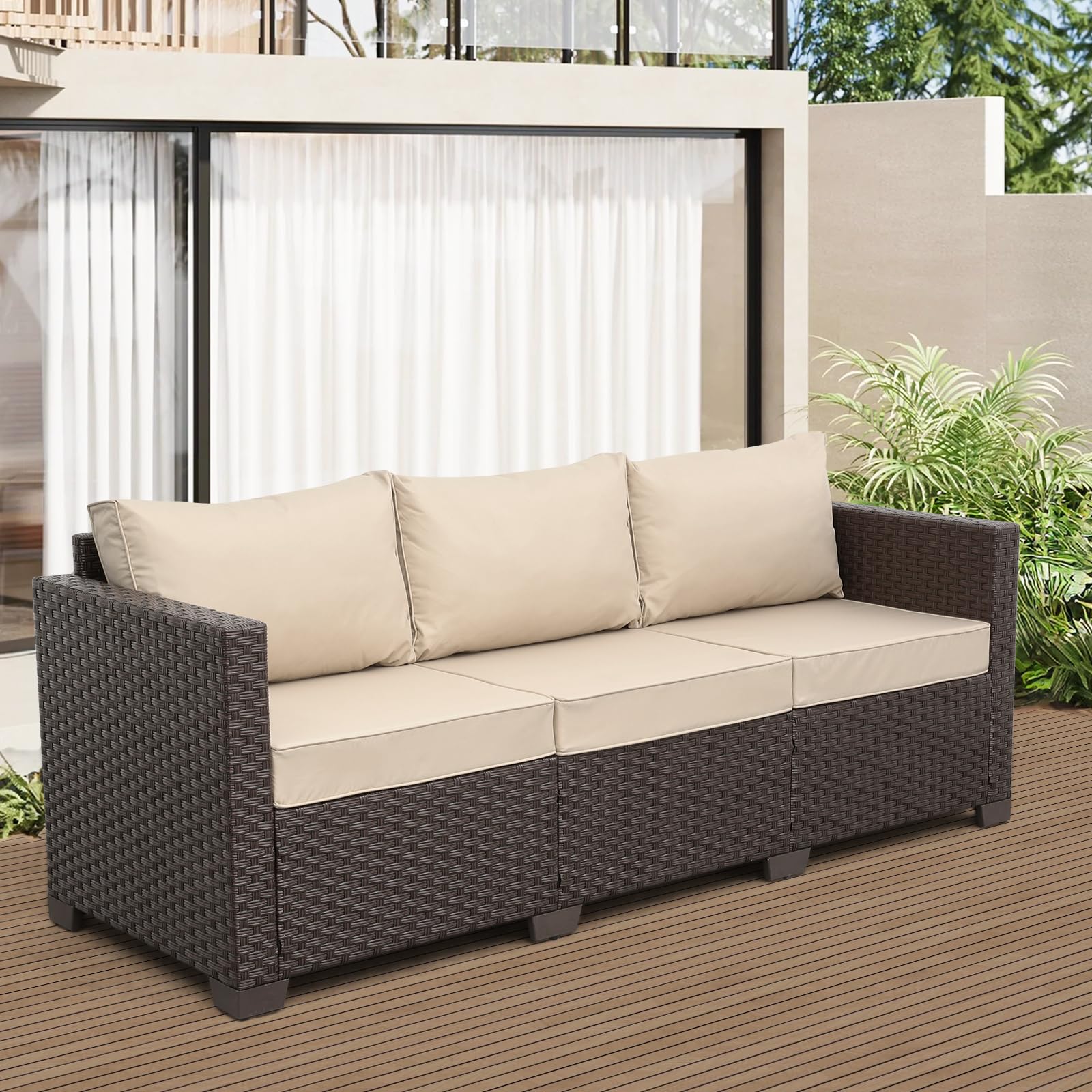 Premium 3-Seat Rattan Patio Sofa Set - Waterproof Wicker Outdoor Furniture with Deep Seat, High Backrest & Anti-Slip Cushions (Khaki) - Perfect for Garden, Poolside, and Backyard Relaxation