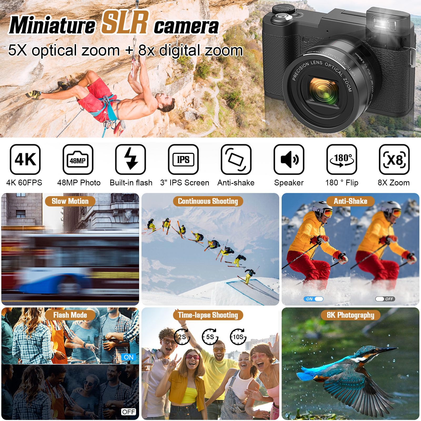 4K Digital Camera for Photography & Vlogging - 48MP HD, 5X Optical Zoom, 8X Digital Zoom, Autofocus, 3 Inch Screen - Compact Travel Camera for YouTube, TikTok, Vacation & Outdoor Adventures