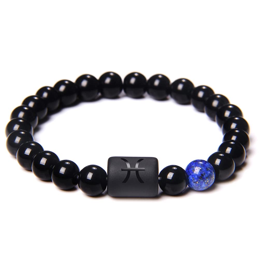 8MM Black Onyx Zodiac Constellation Beaded Bracelet for Men & Women - Pisces Horoscope Birthday Gift, Perfect for Summer Wear & Spiritual Healing