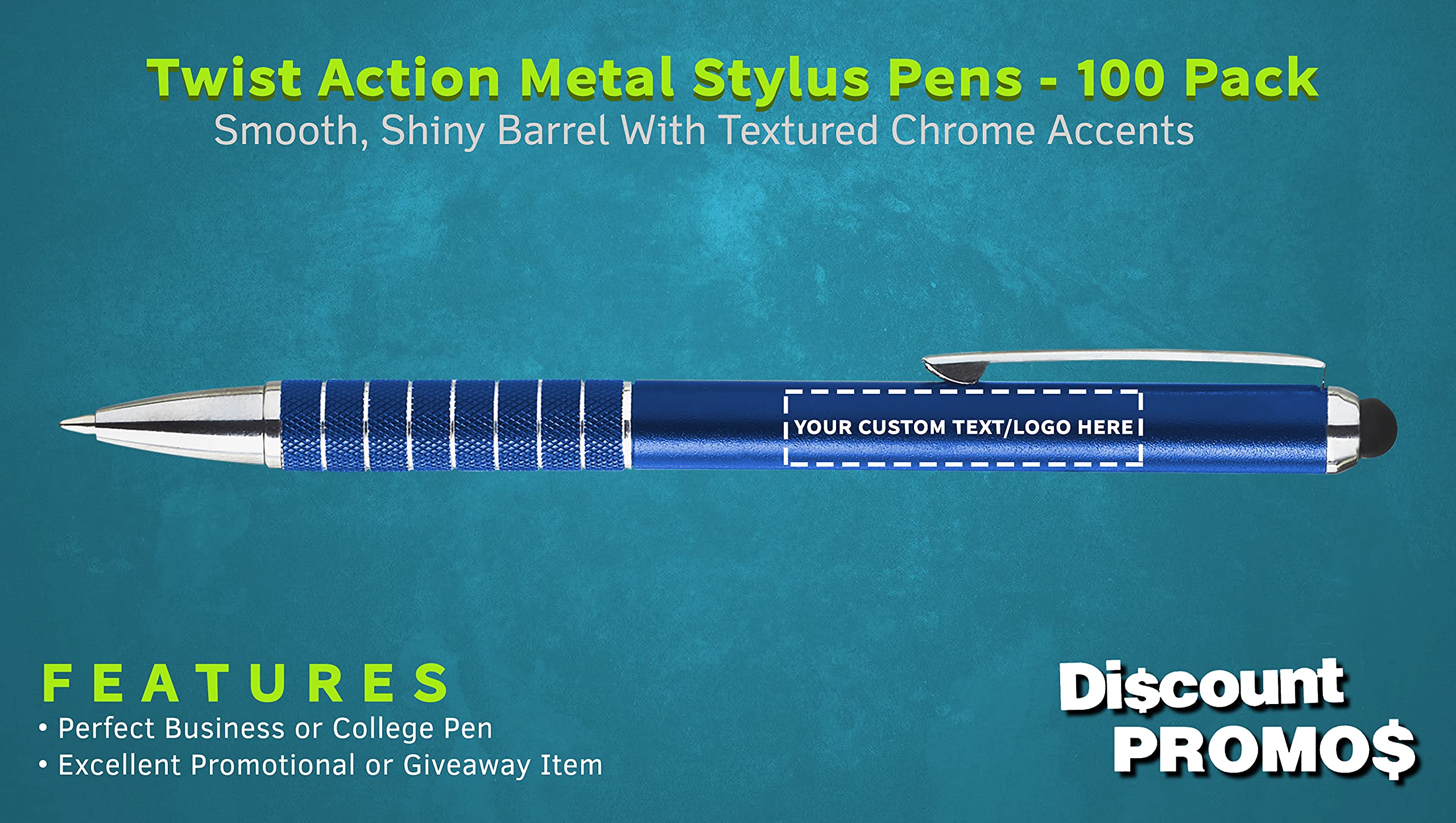 100 Pack Twist Action Metal Stylus Pens with Custom Text/Logo - Dual Tip Smooth Writing Black & Blue Ink - Perfect for Tablets, Smartphones, Office Use & Bulk Business Promotions