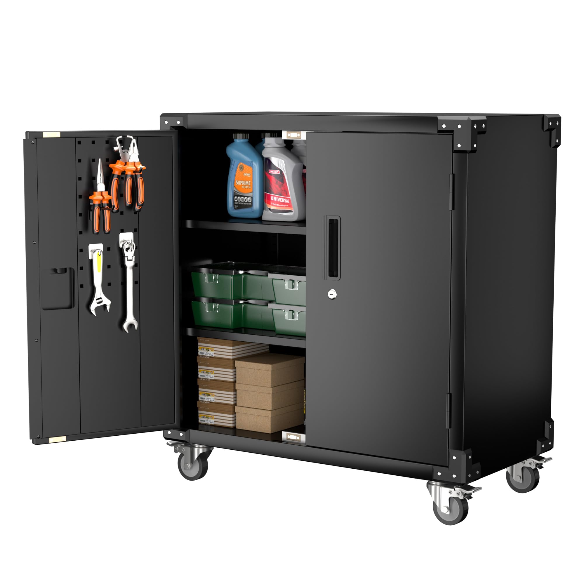 Garage Storage Cabinet - Heavy Duty 2-Door Locking Steel Tool Cabinet on Wheels with 2 Adjustable Shelves for Garage, Workshop, School & Warehouse Organization (Black) - Perfect for Storing Tools, Equipment & Supplies with Easy Mobility