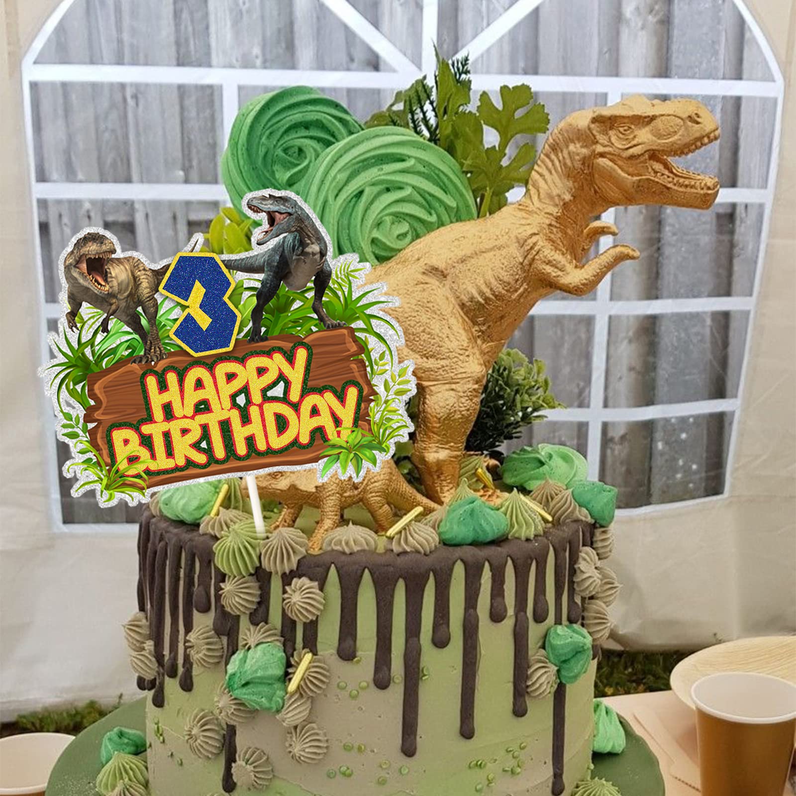Dinosaur Happy 3rd Birthday Cake Topper - Jurassic Dino Jungle Theme Party Decorations for 3 Year Old Boys - Multi-Layer Dinosaur Park Cake Decor | Perfect for Kids Birthday Parties, Baby Showers & Themed Events