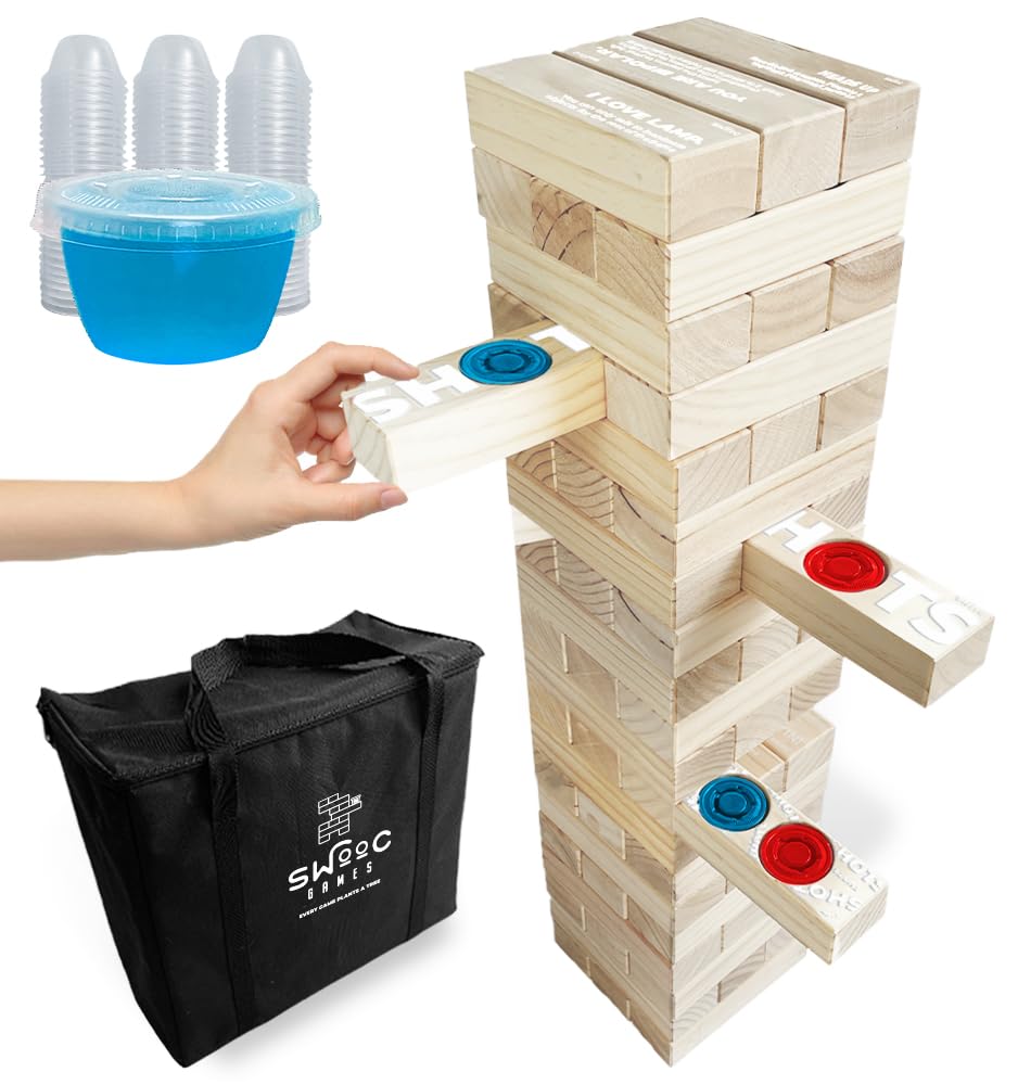 SWOOC Games - Giant Tower Party Game with Hidden Shot Holes & 60 Commands - Includes 60 Blocks, 104 Disposable Cups with Lids & Carrying Case - Tipsy Topple Drinking Game for Adults - 2.5ft Tall (Grows to 5ft) - Fun for Parties, Game Nights & College Events
