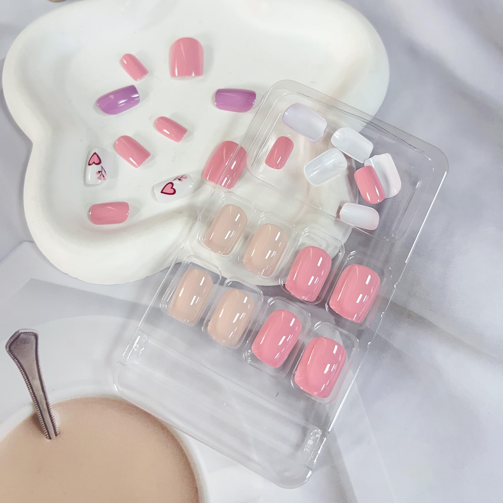 Valentine's Day Press On Nails Short Square Fake Nails - 24Pcs Heart Design Glossy Pink False Nails with Glue | Full Cover Stick On Nails for Women | Perfect for Date Night, Bridal Shower & Romantic Occasions