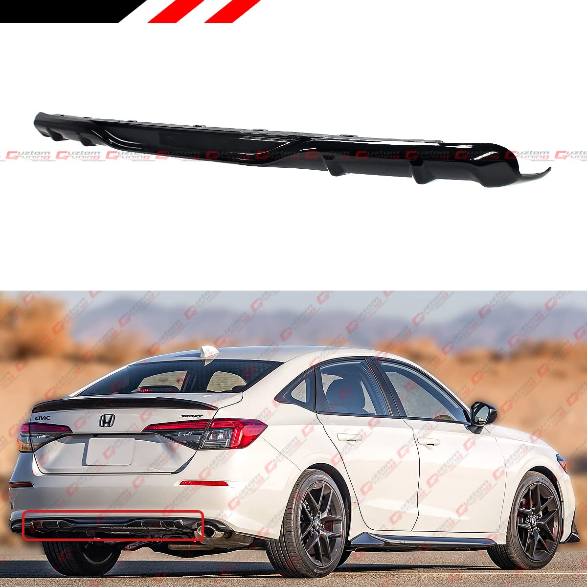 RS Style Painted JDM Full Gloss Black Rear Diffuser Underbody Spoiler for 2022-2023 Honda Civic EX/LX/Si/Touring/Sport Sedan - Enhance Aerodynamics & Street Style