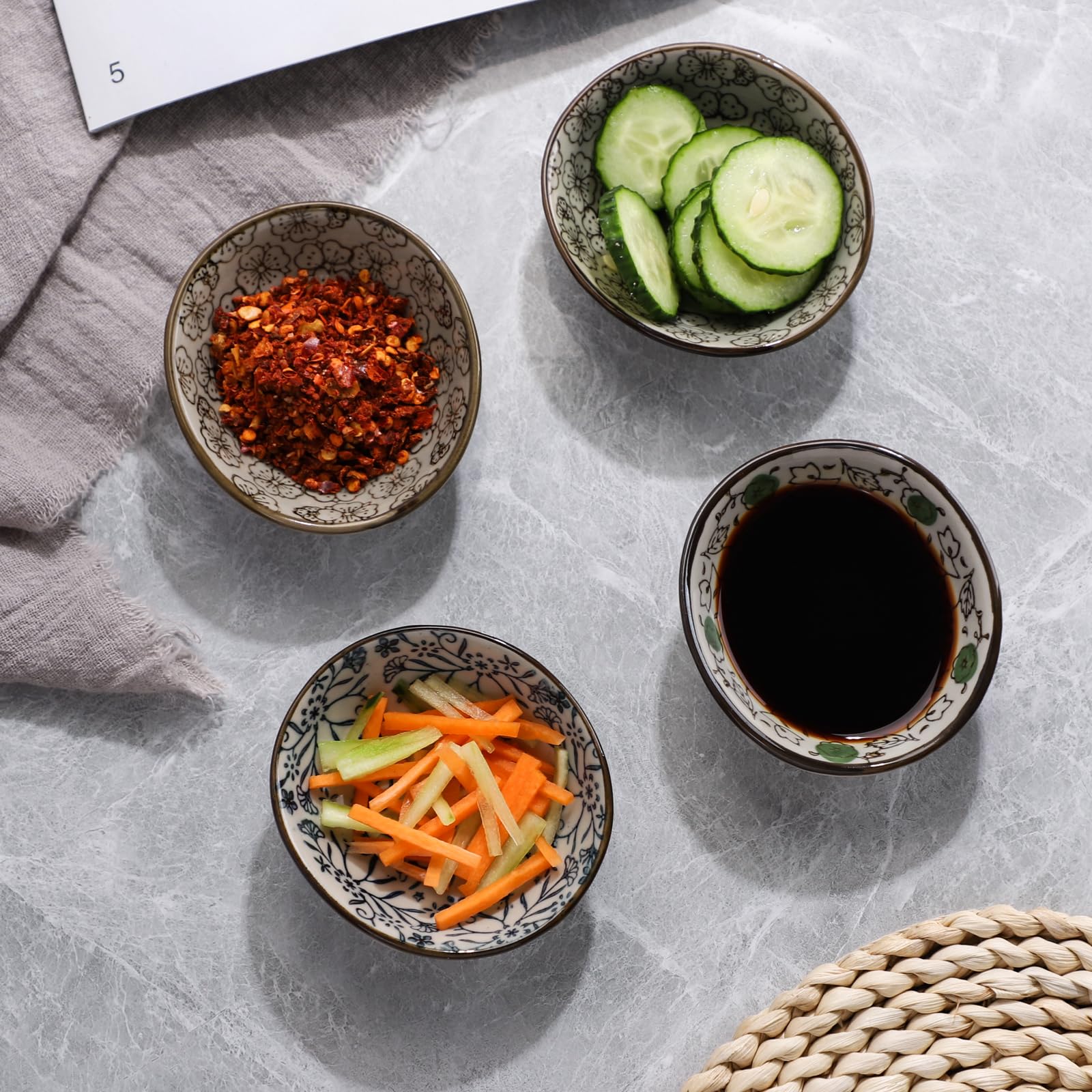 Premium Japanese Style Ceramic Dipping Sauce Bowls - Set of 4 Small Dishes for Soy Sauce, Ketchup, BBQ & Seasoning - Perfect for Sushi, Dumplings, Appetizers & Party Snacks
