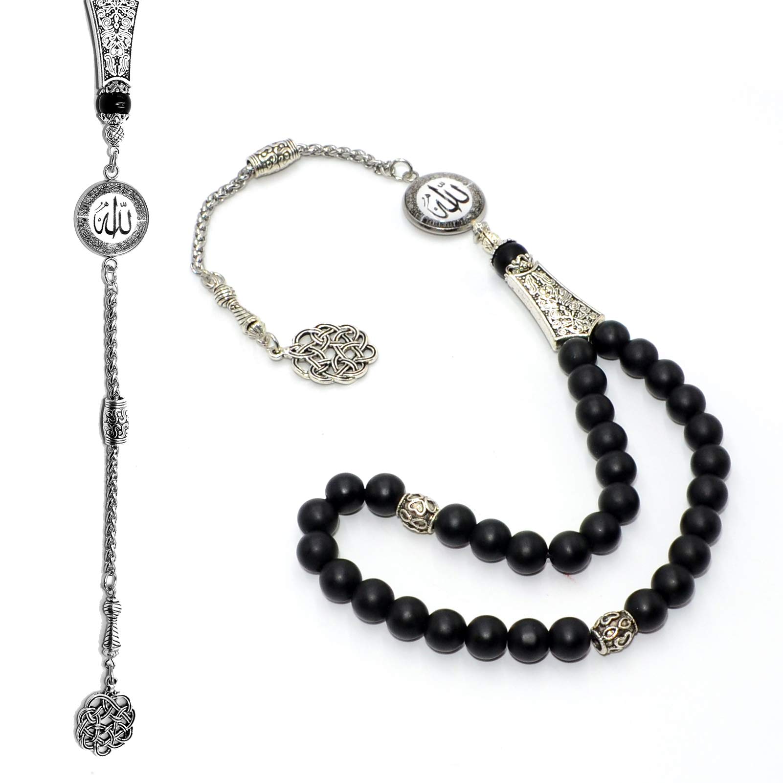 Premium Allah Tassel Worry Beads - 8mm Black Agate Stone Prayer Beads (33 Beads) - Islamic Tasbih, Misbaha, Rosary for Meditation, Stress Relief & Spiritual Practice