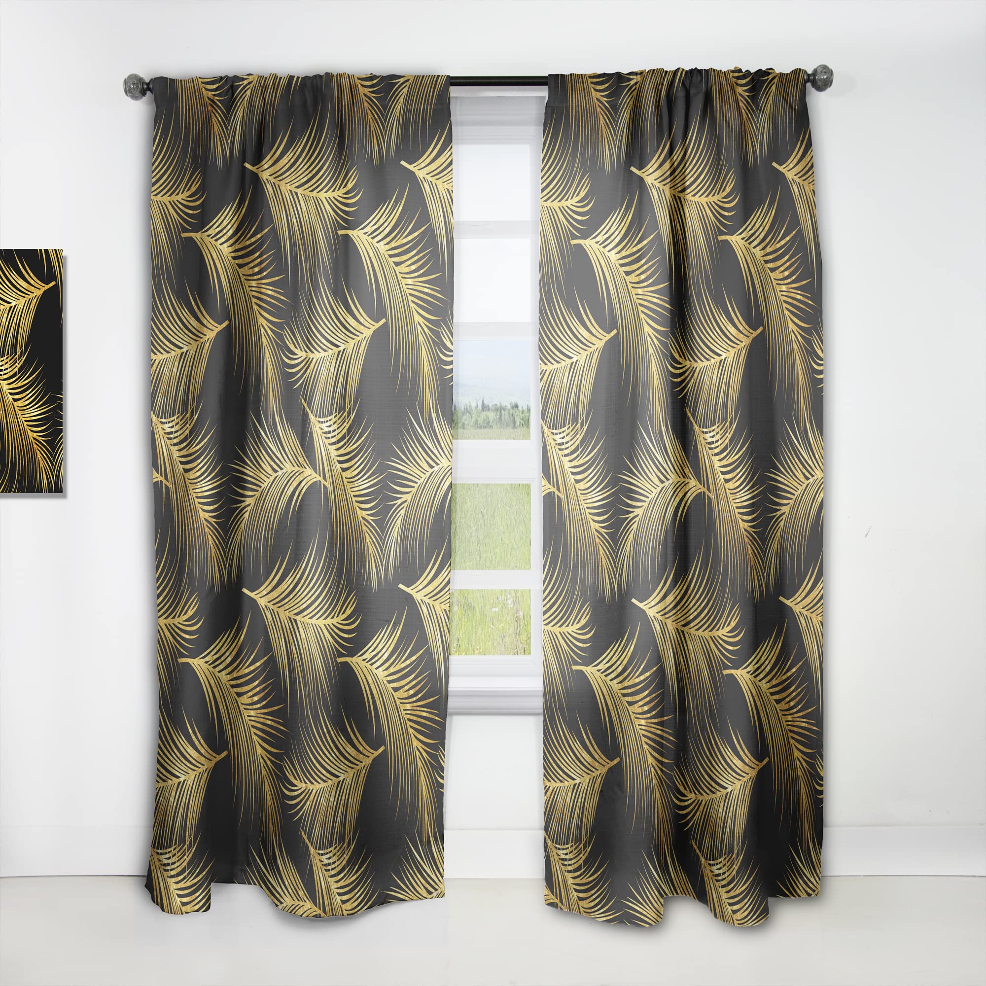 DesignQ Thermal Insulated Curtains - Golden Tropical Leaves Pattern, Single Panel 52x63 Inches, Blackout Drapes for Bedroom & Living Room - Perfect for Sun Protection & Home Decor