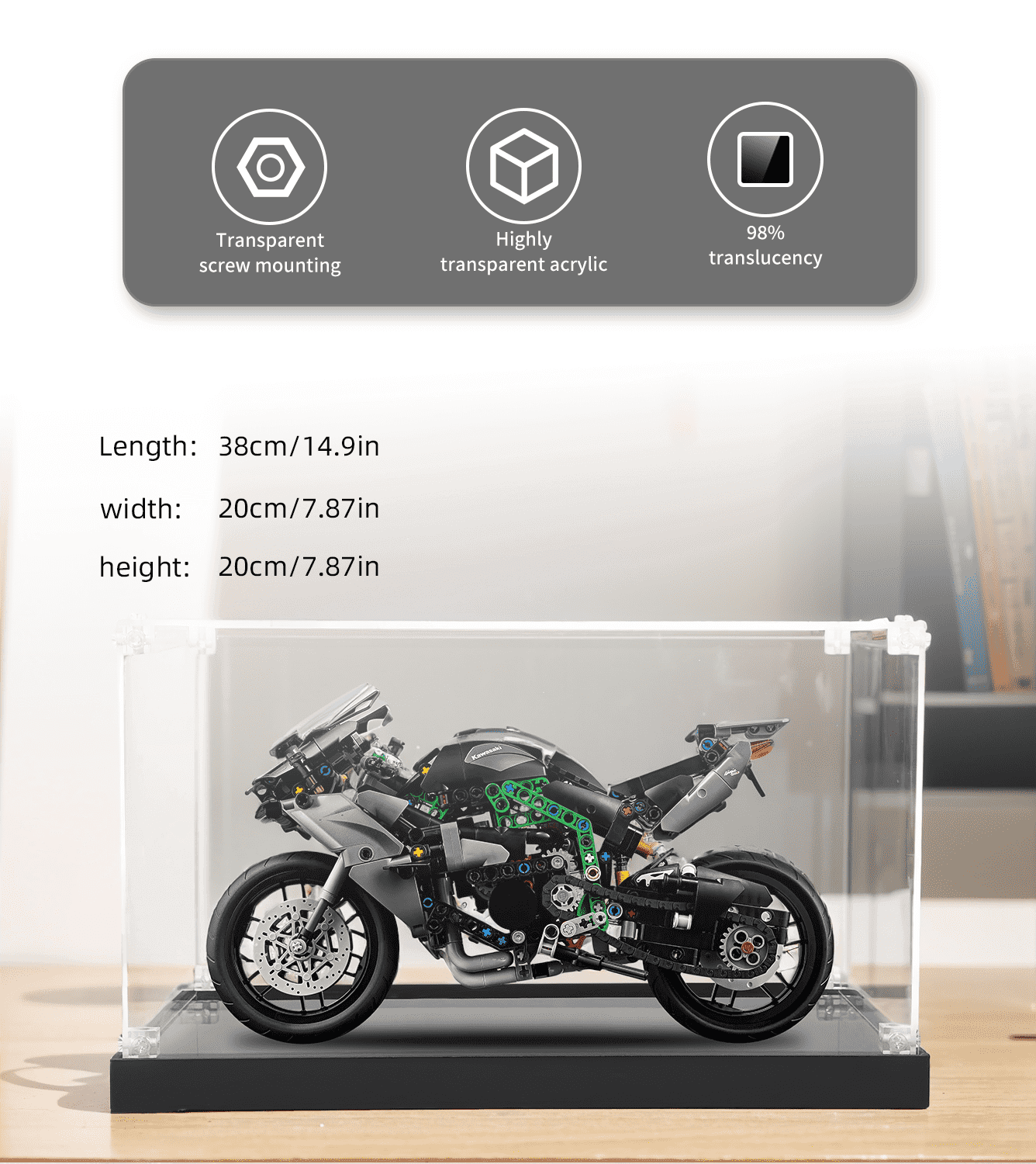 LEGO Kawasaki Ninja H2R Motorcycle 42170 Display Case - Protective Showcase for Collectible Model - Perfect for Home Decor, Office Display & LEGO Enthusiast Collections