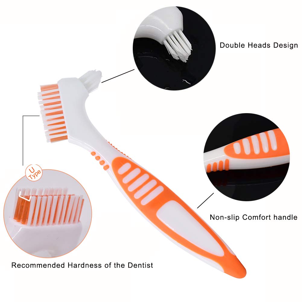 3-Pack Angzhili Denture Cleaning Brushes - Double-Sided False Teeth Cleaner with Soft Bristles for Dentures, Retainers & Aligners | Portable Oral Care Kit for Travel & Home Use (3 Colors)