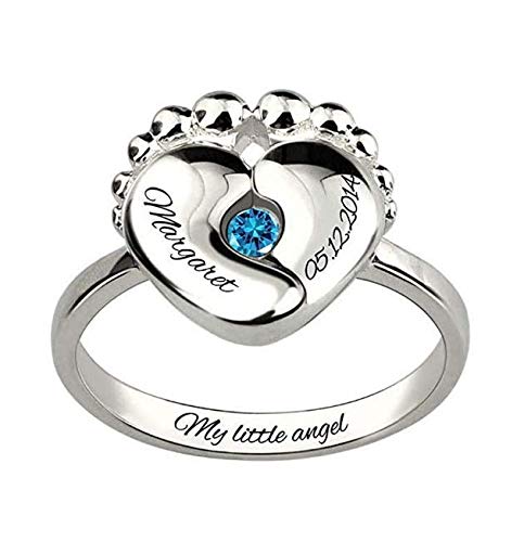 Personalized Baby Feet Birthstone Ring - Custom Engraved Name Mother's Ring in S925 Sterling Silver with CZ Diamond - Meaningful Gift for New Mom, Grandma & Anniversary - Perfect for Mother's Day, Baby Shower & Special Occasions