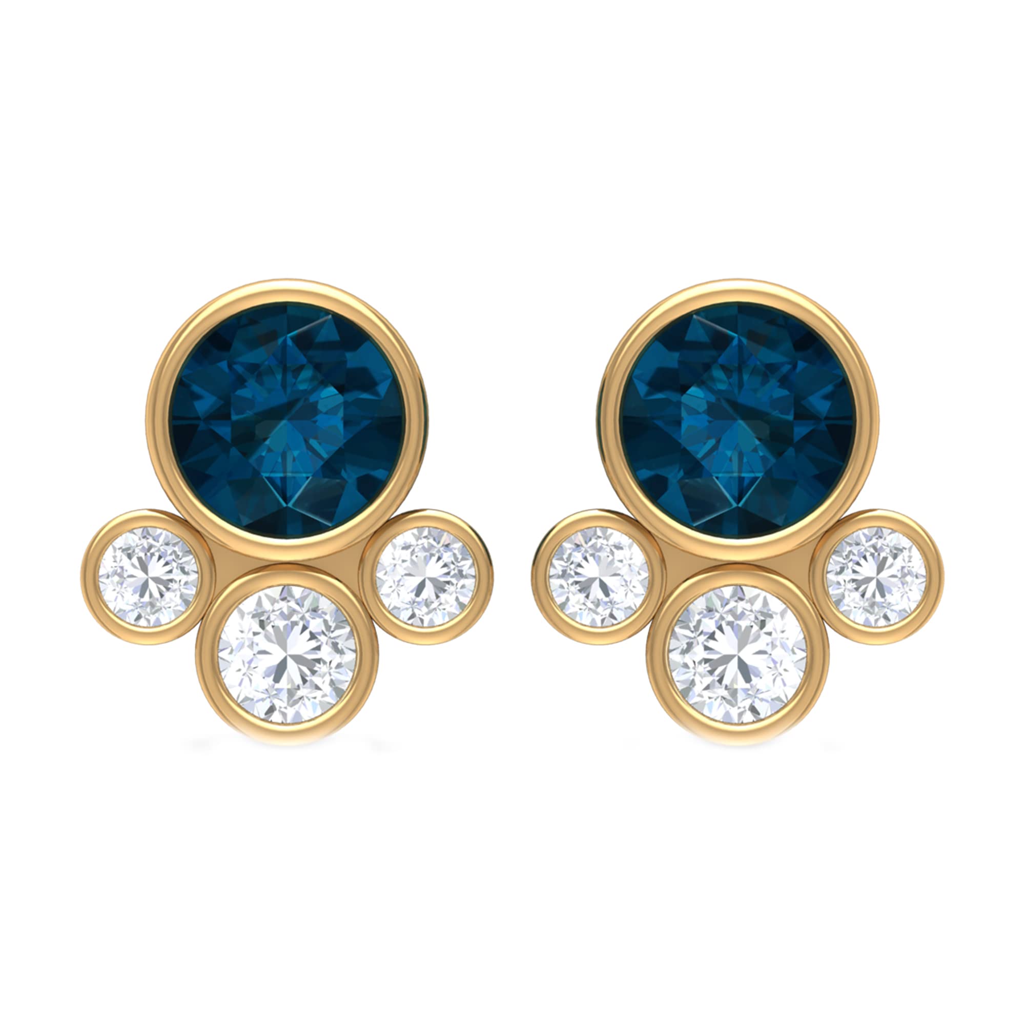 0.25 CT London Blue Topaz & Diamond Stud Earrings for Women - 14K Solid Gold Contemporary Blue Topaz Cluster Earrings - Perfect for Weddings, Parties & Everyday Elegance