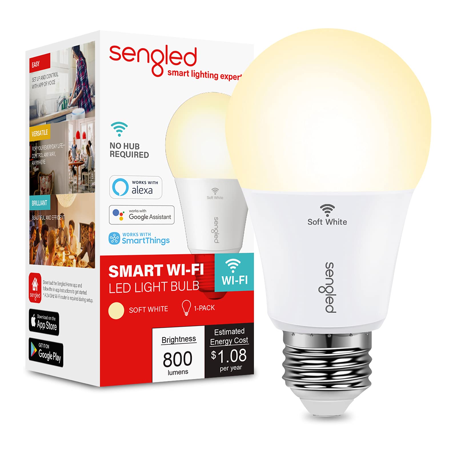 Sengled Smart WiFi Light Bulb - Works with Alexa & Google Home, No Hub Required, Dimmable LED Bulb (A19, Soft White 2700K, 800LM, 60W Equivalent) - Perfect for Bedrooms, Living Rooms & Smart Home Automation (1 Pack)