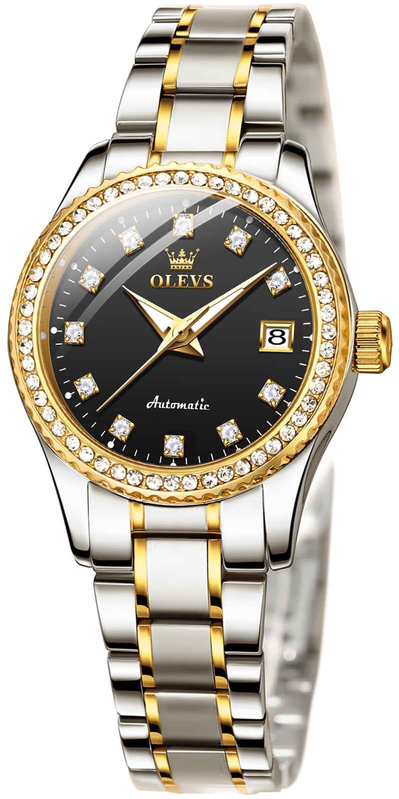OLEVS Women's Diamond Automatic Self-Winding Watch - Stainless Steel Dress Watch with Luminous Hands & Waterproof for Business, Party & Everyday Wear