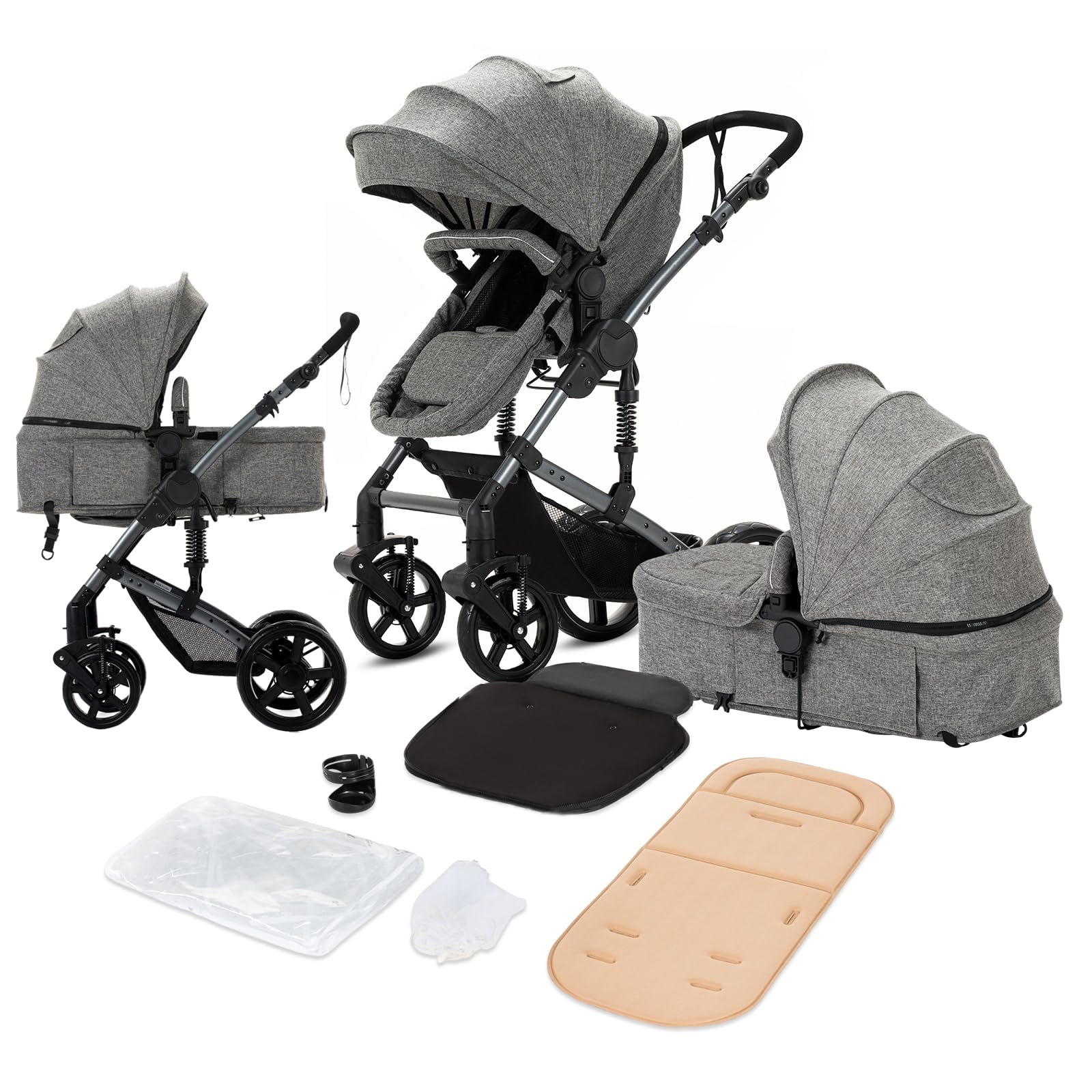 2 in 1 Convertible Baby Stroller with Bassinet & Seat Mode | Reversible Infant Stroller | One-Click Folding Lightweight Travel Stroller for Newborn & Toddler | Standard Pram Carriage (2US588-GREY) | Perfect for Shopping, Travel & Daily Walks