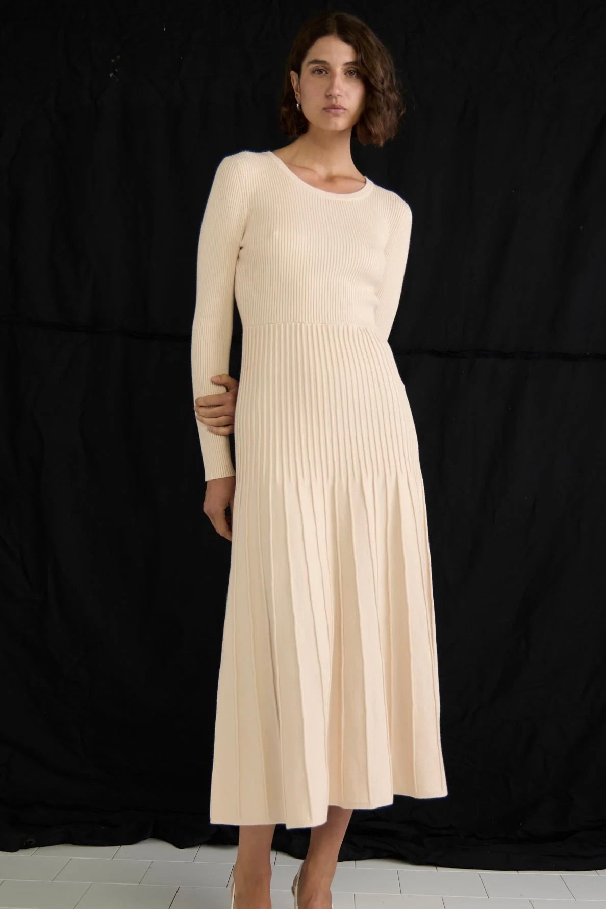 Elena Vanilla Rib Knit Long Sleeve Midi Dress - Elegant Fall & Winter Outfit for Women, Perfect for Office, Date Night and Holiday Parties
