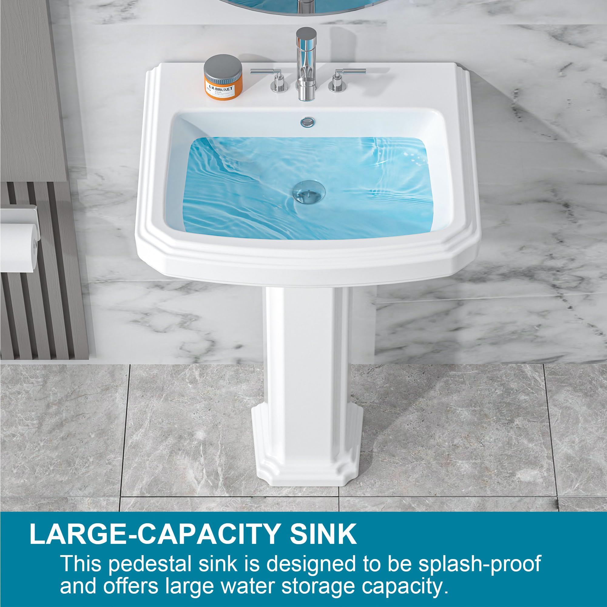 White Porcelain Pedestal Sink 23x19 Inch with 3 Faucet Holes & Overflow - Rectangular Bathroom Sink Combo for Vanity, Powder Room & Laundry Areas