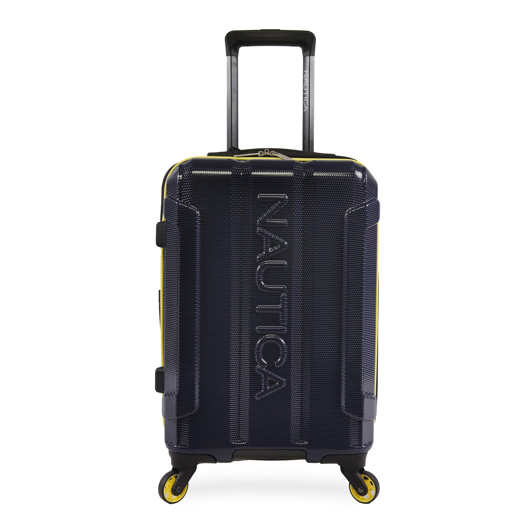 Nautica Maker Hardside Spinner Luggage 21-Inch Carry On - Lightweight Durable Suitcase with 360° Wheels, Navy/Yellow Design - Perfect for Business Travel & Weekend Getaways