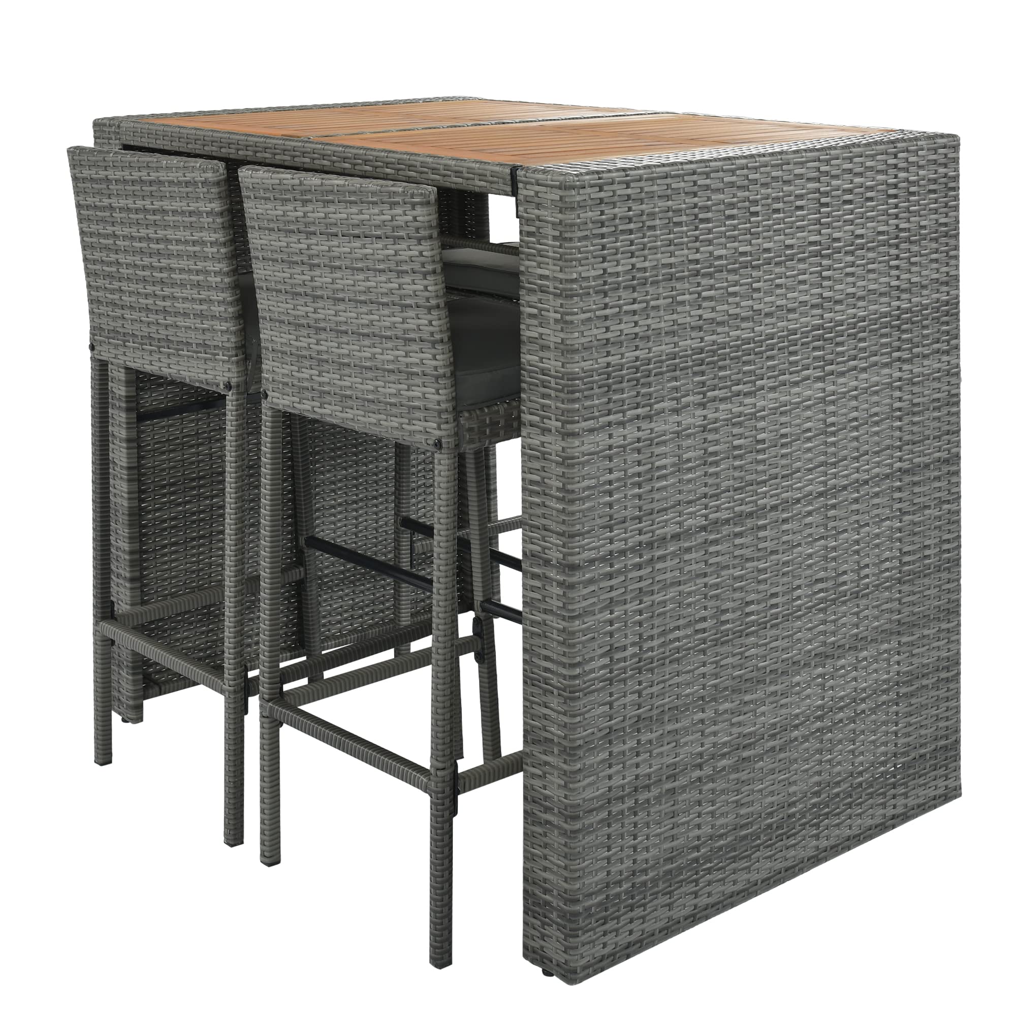 5-Piece Outdoor Patio Rattan Counter Height Dining Set - All-Weather Wicker Bar Table & Chairs with Acacia Wood Table Top & Removable Cushions - Perfect for Backyard, Garden, Poolside & Restaurant Outdoor Seating