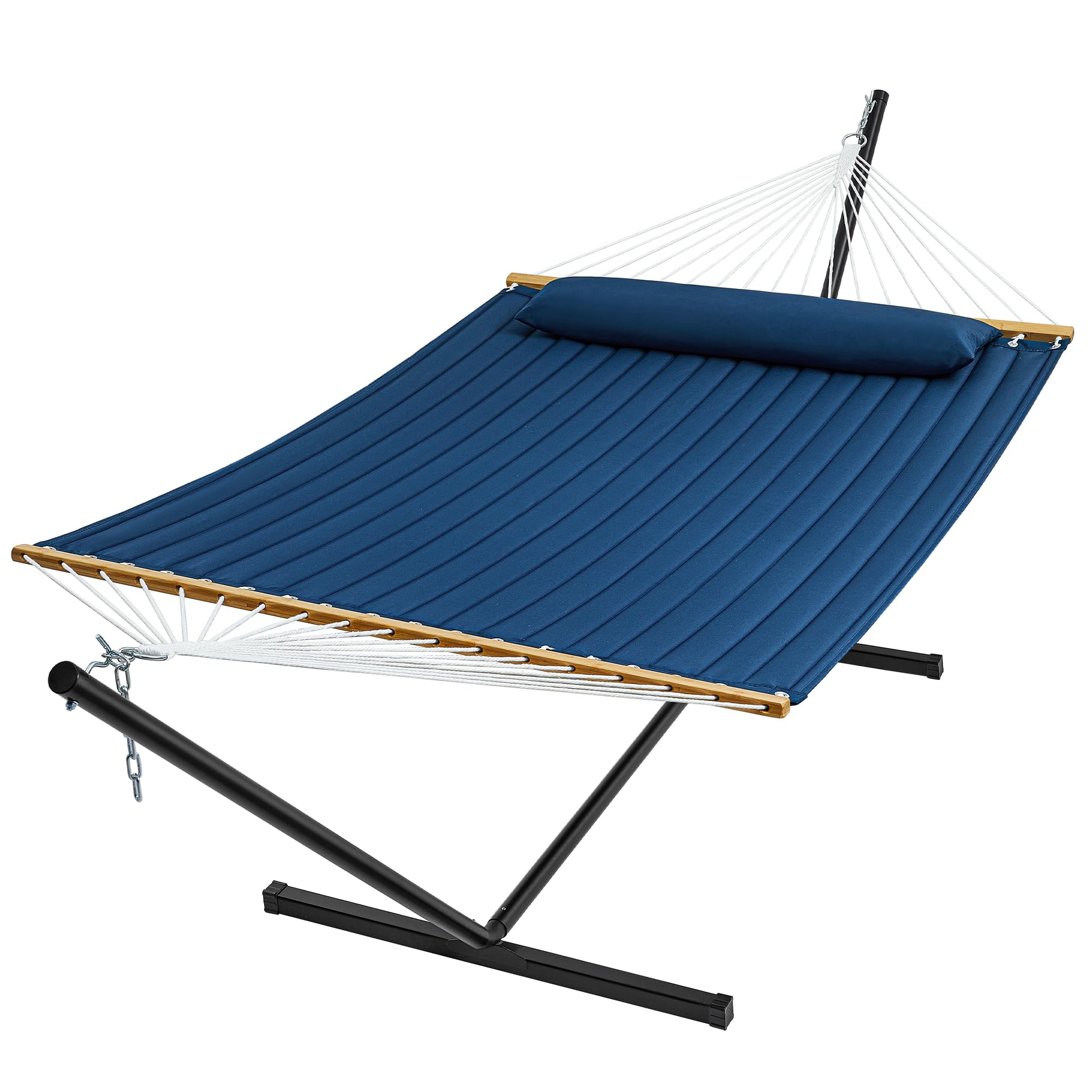 SUPERJARE 2-Person Hammock with Stand - Heavy Duty Portable Outdoor Hammock with Detachable Pillow & Bamboo Spreaders - Includes Carrying Bag - Perfect for Backyard, Patio, Camping, Beach (Navy Blue)