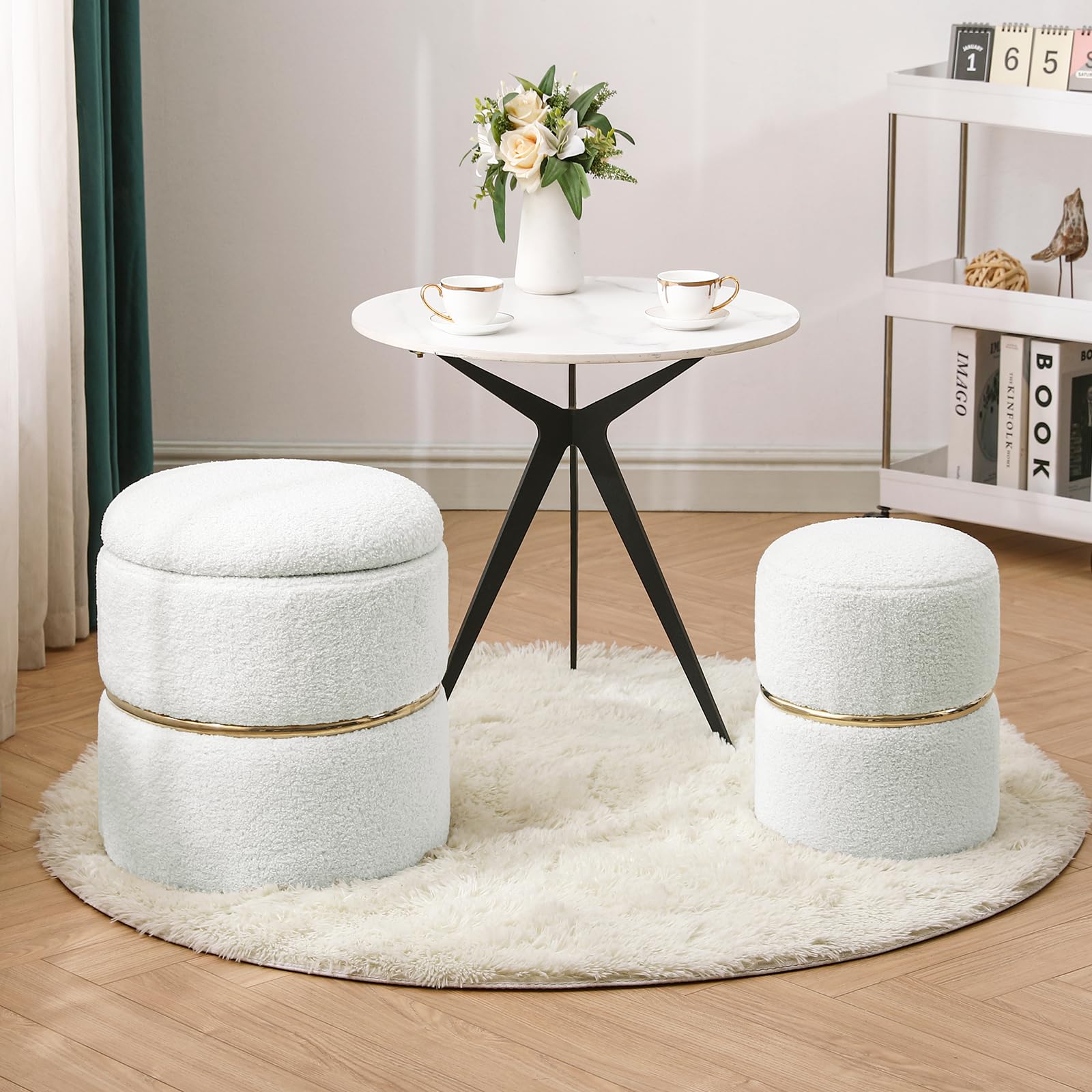 Luxury Faux Fur Round Storage Ottoman with Gold Metal Hoop - Upholstered Vanity Stool & Foot Rest, Pack of 2 - Perfect for Living Room, Bedroom & Entryway - Multi-Functional Coffee Table & Seating Solution for Home Decor