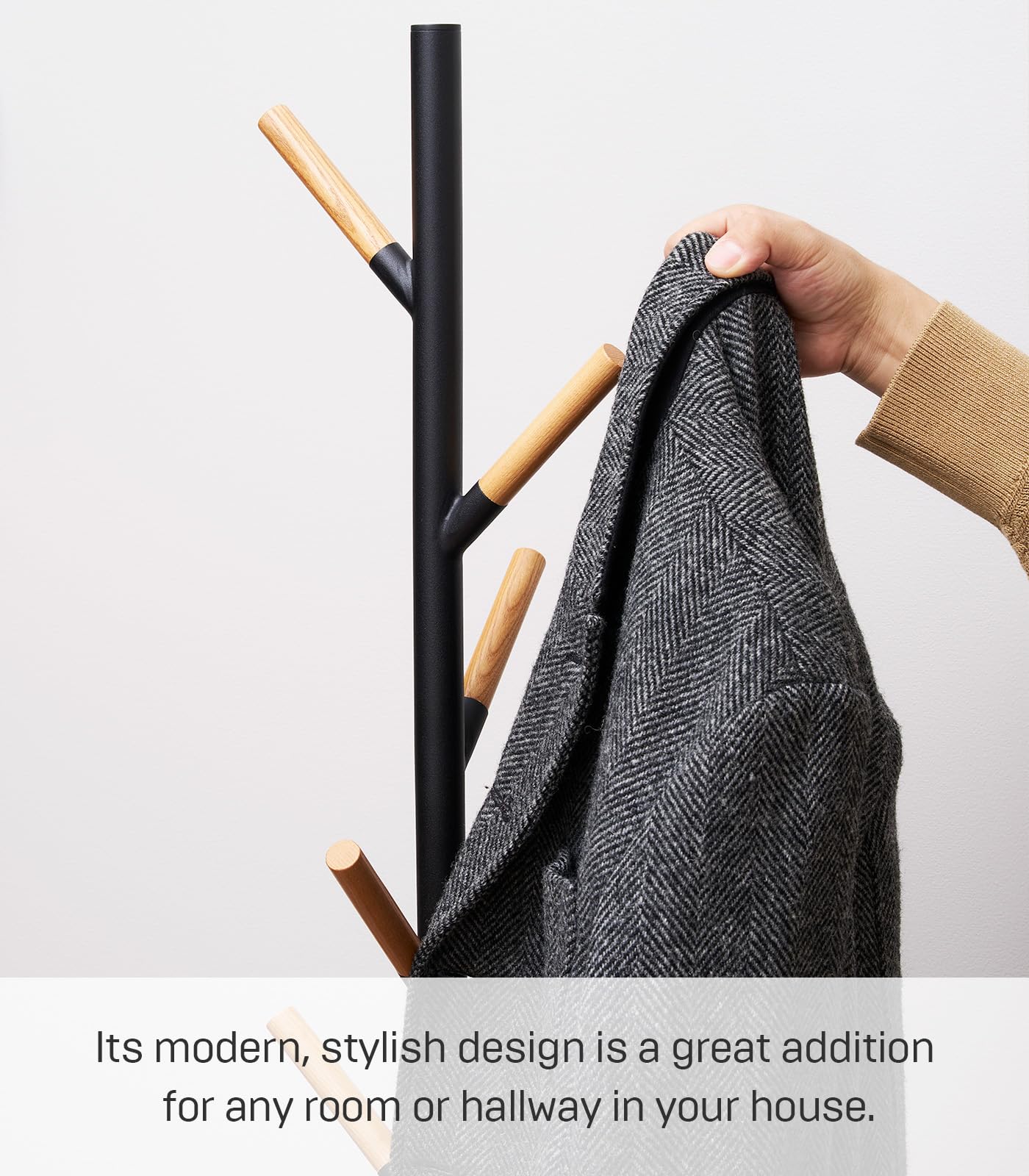 Yamazaki Home Freestanding Coat Rack with Wooden Hooks - 70 Inch Space Saving Entryway Organizer for Jackets, Hats & Bags - Sturdy Steel Construction for Hallway, Bedroom or Office