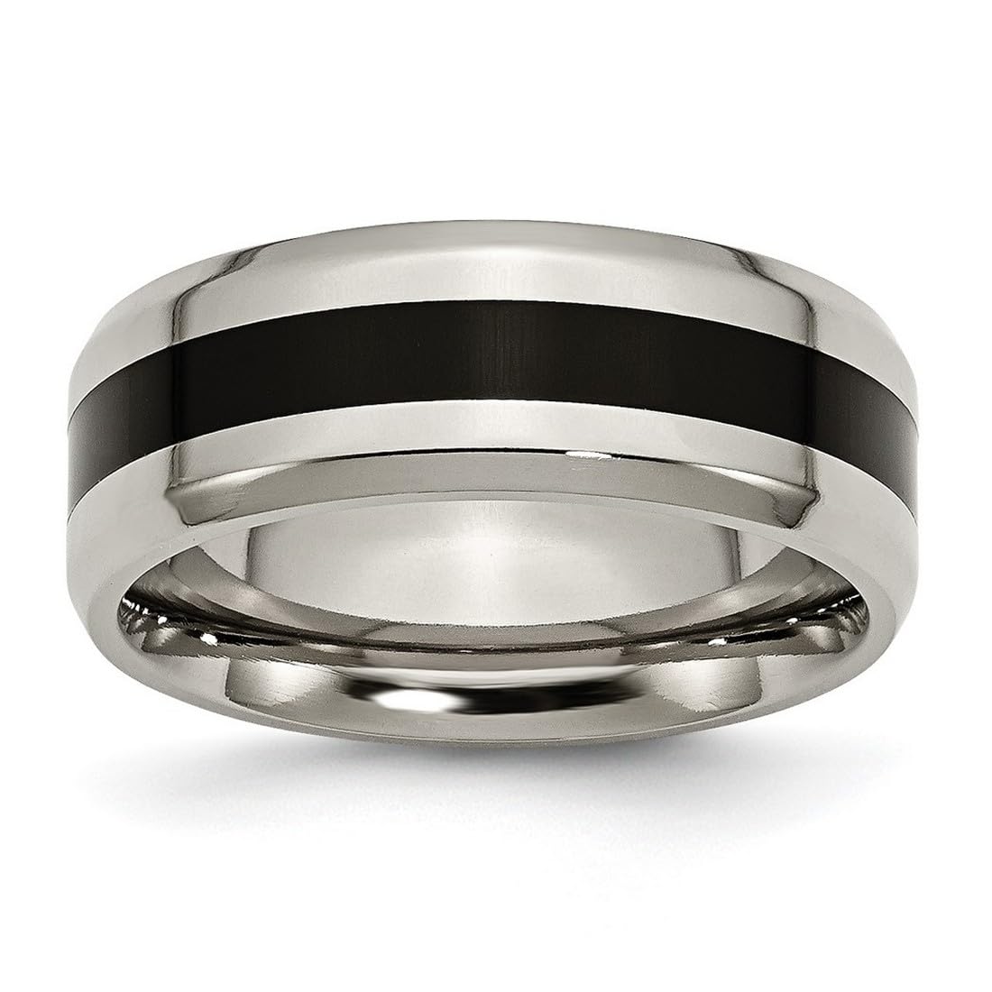 Titanium Beveled Edge Black Enameled 8mm Polished Band Ring for Women & Men - Durable Wedding Band, Anniversary Gift, Everyday Fashion Jewelry