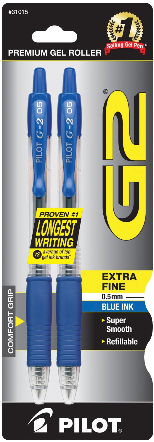 Pilot G2 Premium Gel Roller Pens - 0.5mm Extra Fine Point - 2 Pack Blue Ink - Smooth Writing for Office, School & Note Taking - Perfect for Professionals, Students & Journaling