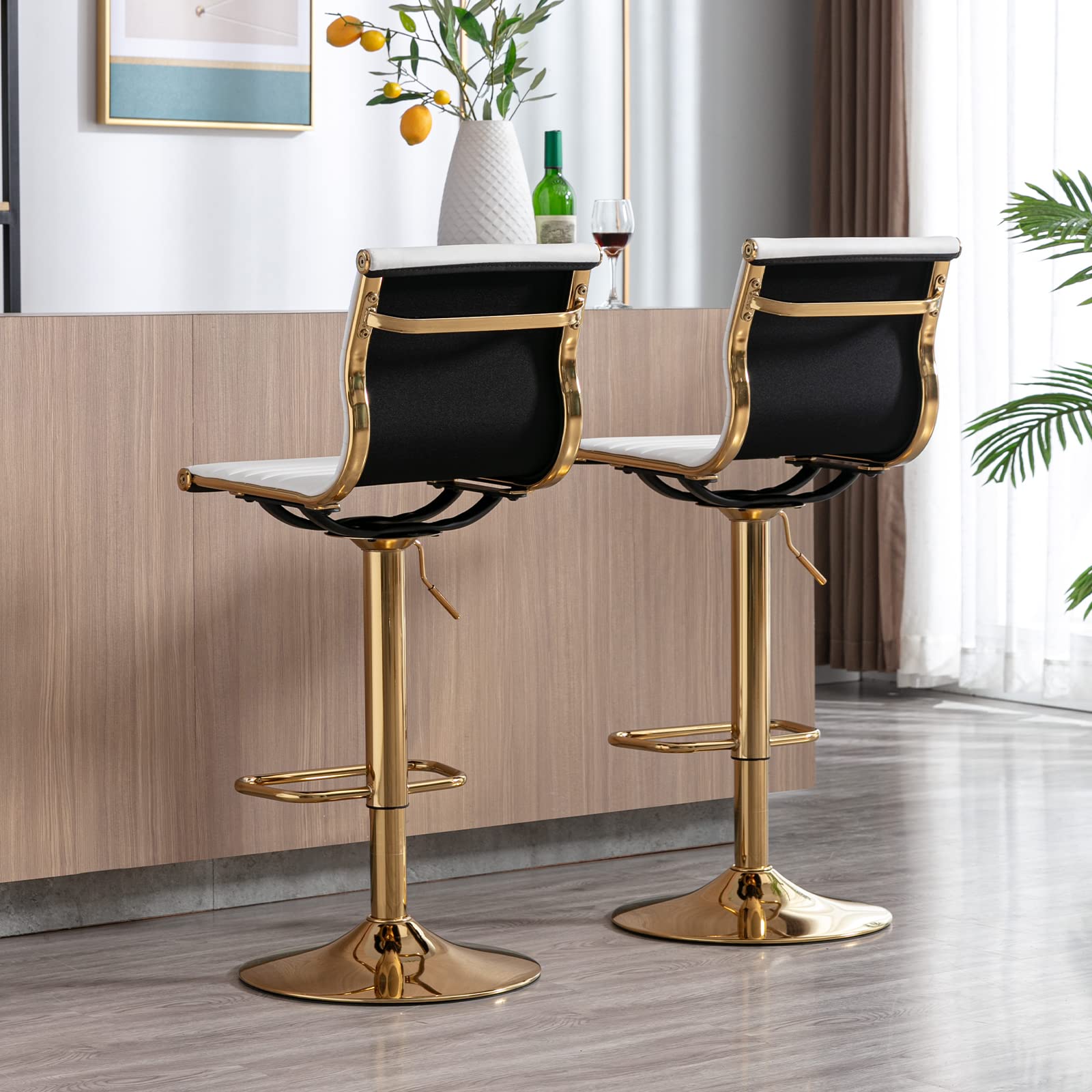 Adjustable Bar Stools Set of 4 - Faux Leather Counter Height Bar Stools with Back Support for Kitchen Island, Breakfast Bar, Cafe - Modern White Barstools with Gold Base (4 Pack) - Perfect for Dining, Entertaining & Home Decor
