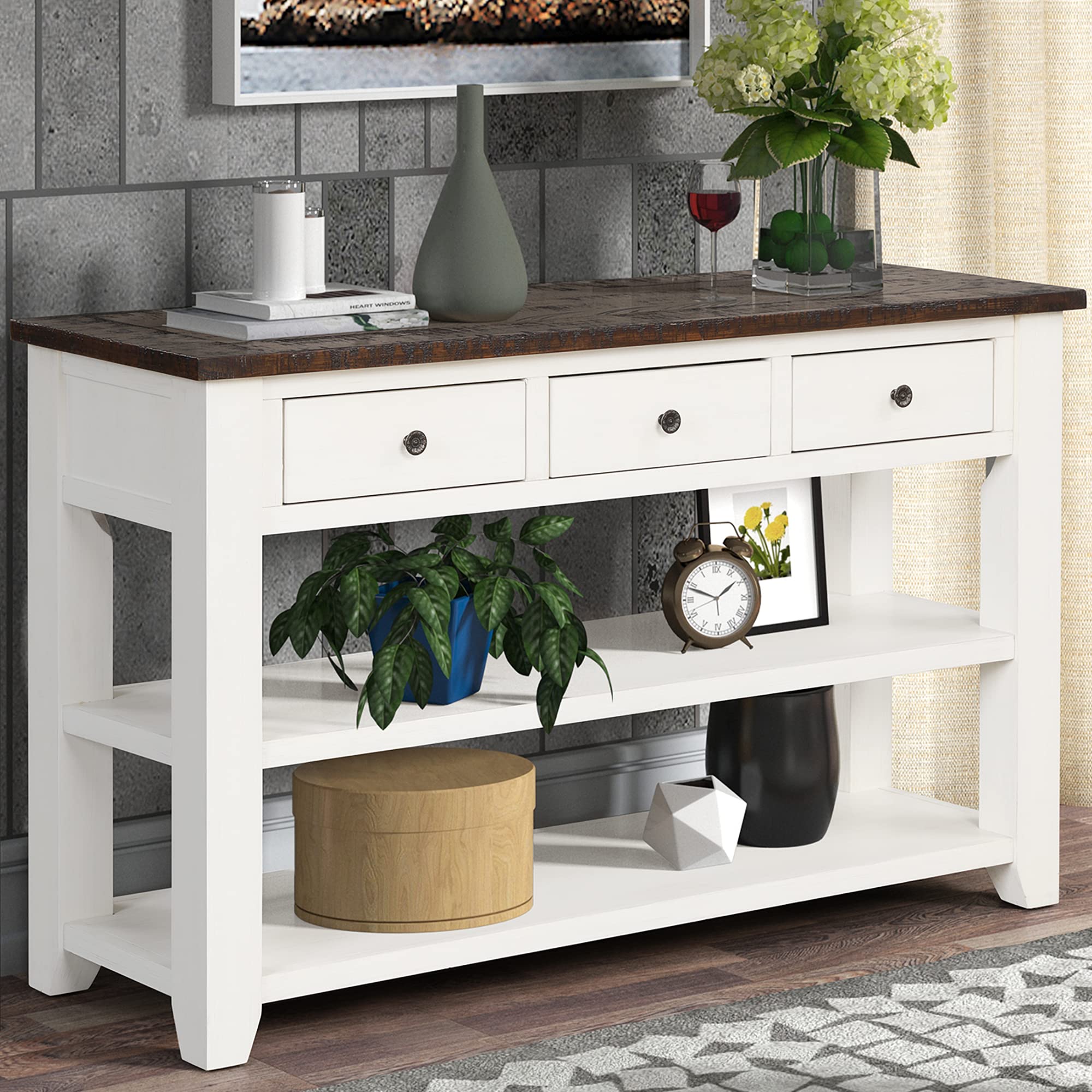 Farmhouse Entryway Console Table with 3 Drawers & Open Shelves - 48.8