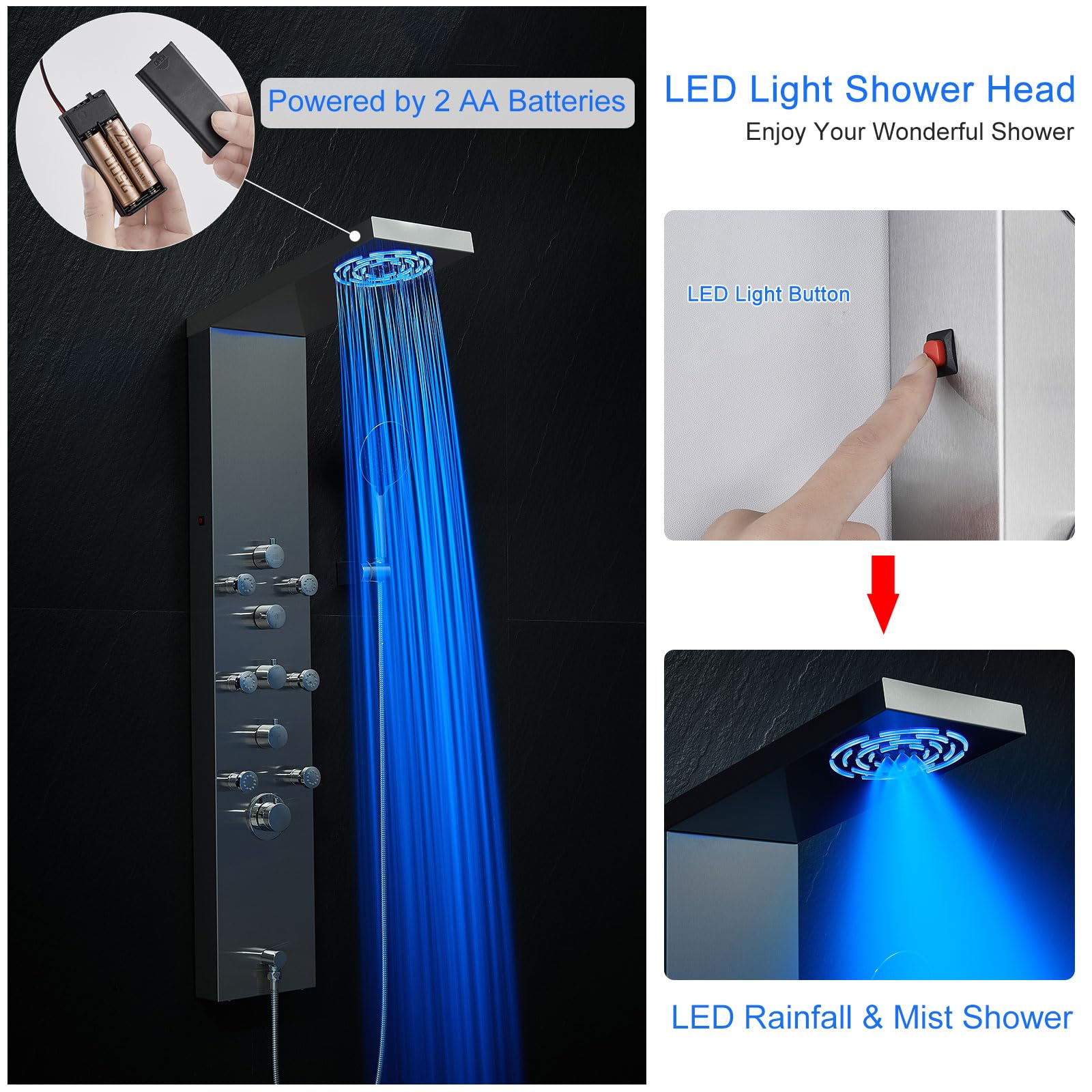 MENATT 4-in-1 LED Shower Panel Tower System with Rainfall Shower Head, Body Massage Jets, Handheld Shower & Tub Spout - Brushed Stainless Steel for Spa-Like Bathroom Experience