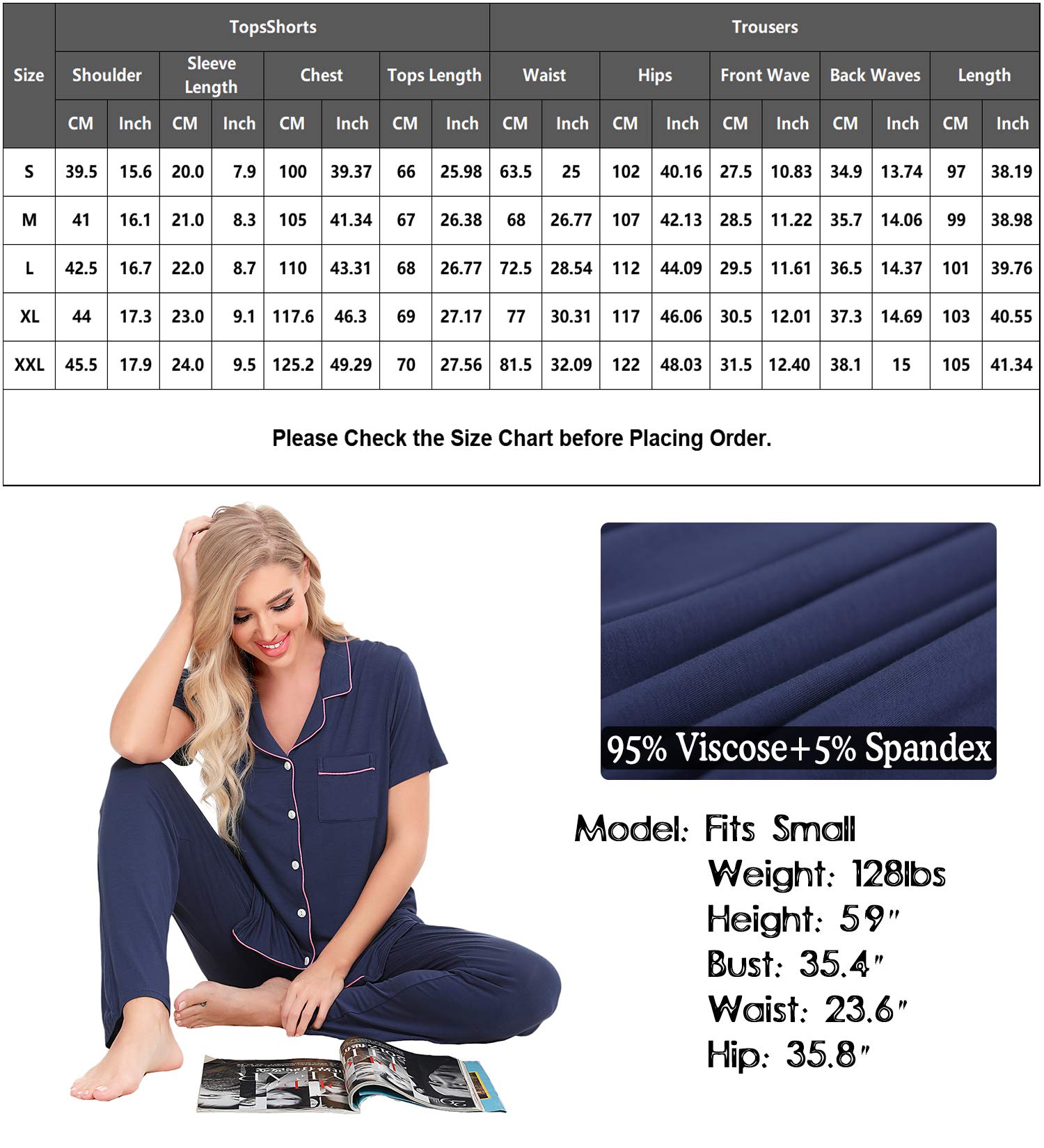 SWOMOG Women's 2-Piece Pajama Set - Soft Short Sleeve Button Down Sleepwear with Comfortable Long Pants for Lounge, Sleep & Relaxation at Home
