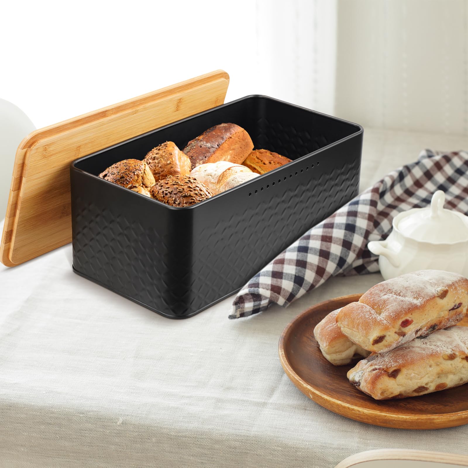 Stainless Steel Bread Box with Bamboo Cutting Board Lid - Airtight Bread Storage Container for Kitchen Countertop, Modern Bread Bin & Bread Keeper - Perfect for Home Baking, Pantry Organization & Kitchen Decor (Black)