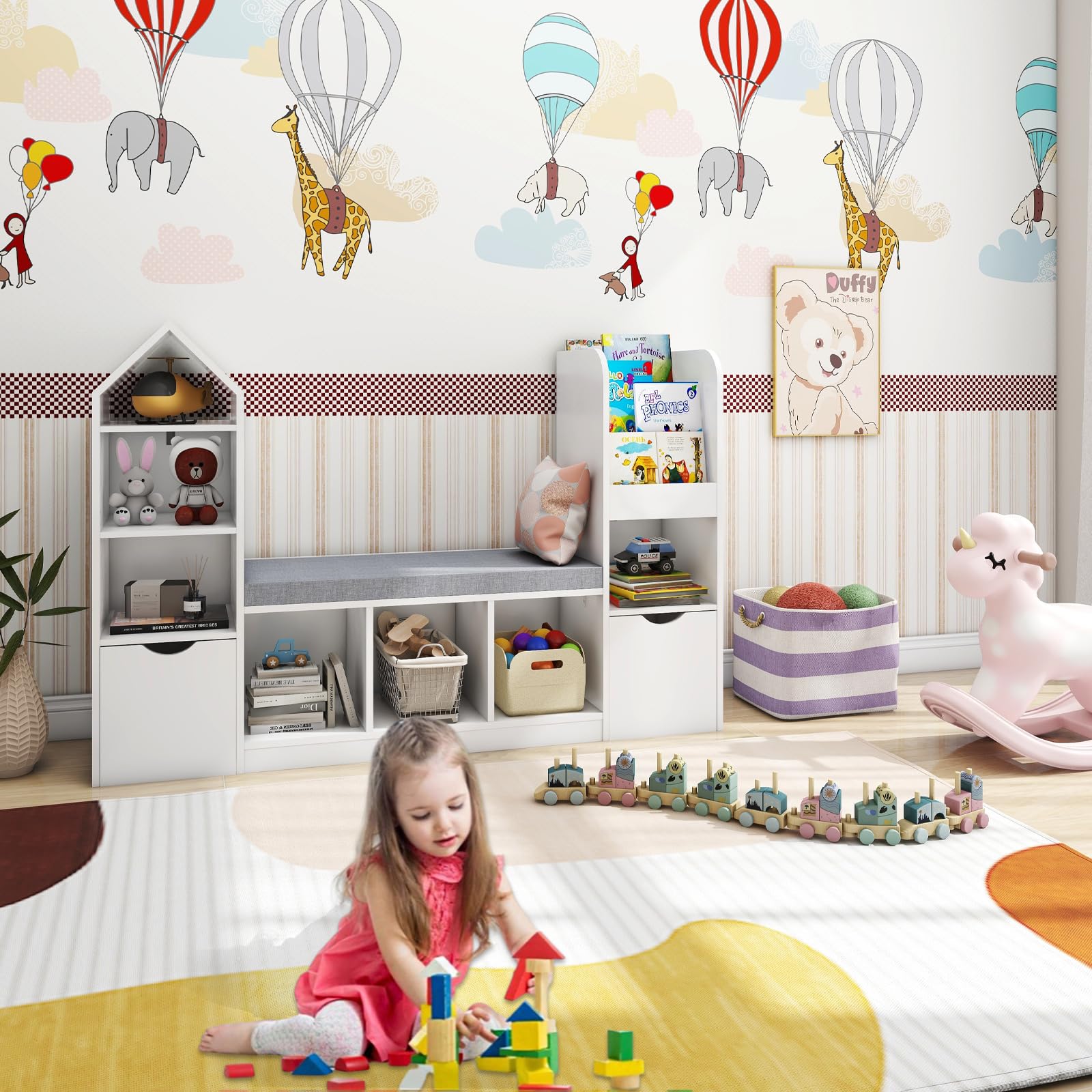 Multifunctional Kids Bookcase with Reading Nook - 7 Storage Cubbies & 2 Movable Drawers - Toy Organizer with Seat Cushion for Children's Bedroom & Playroom - Perfect for Storytime, Reading Corner & Toy Storage