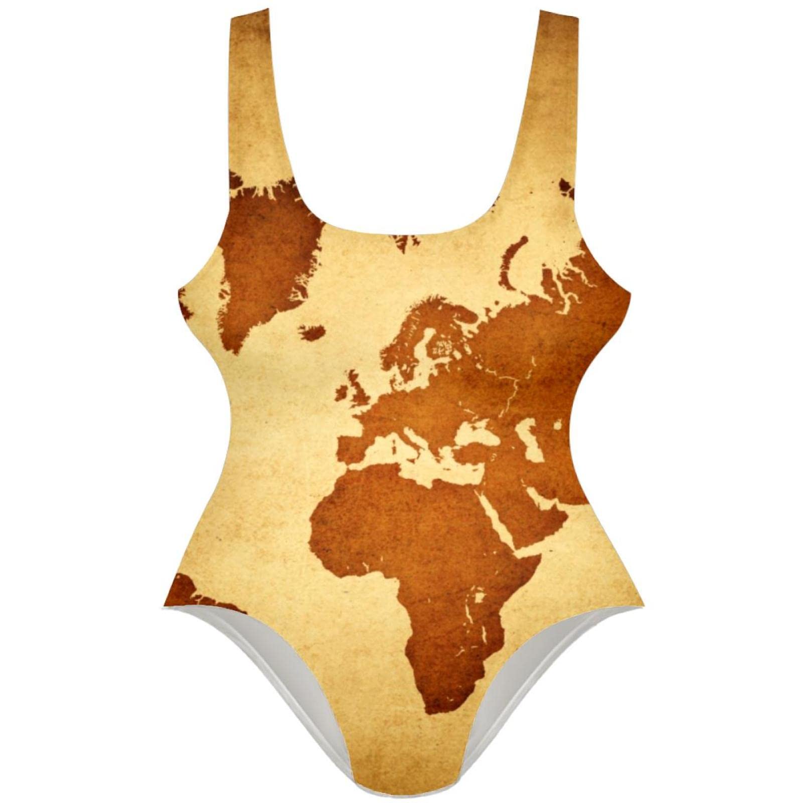 Vintage World Map Print Women's One Piece Swimsuit - U Back Bathing Suit for Beach, Pool & Summer Vacations