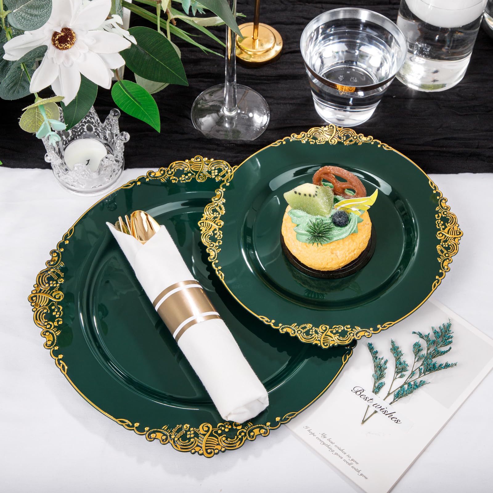 175-Piece Eco-Friendly Disposable Party Tableware Set - 50 Green Plastic Plates, 75 Silverware, 25 Cups & 25 Napkins for Wedding, Birthday & Events | Perfect for 25 Guests | Sustainable Party Supplies for Outdoor Gatherings & Celebrations