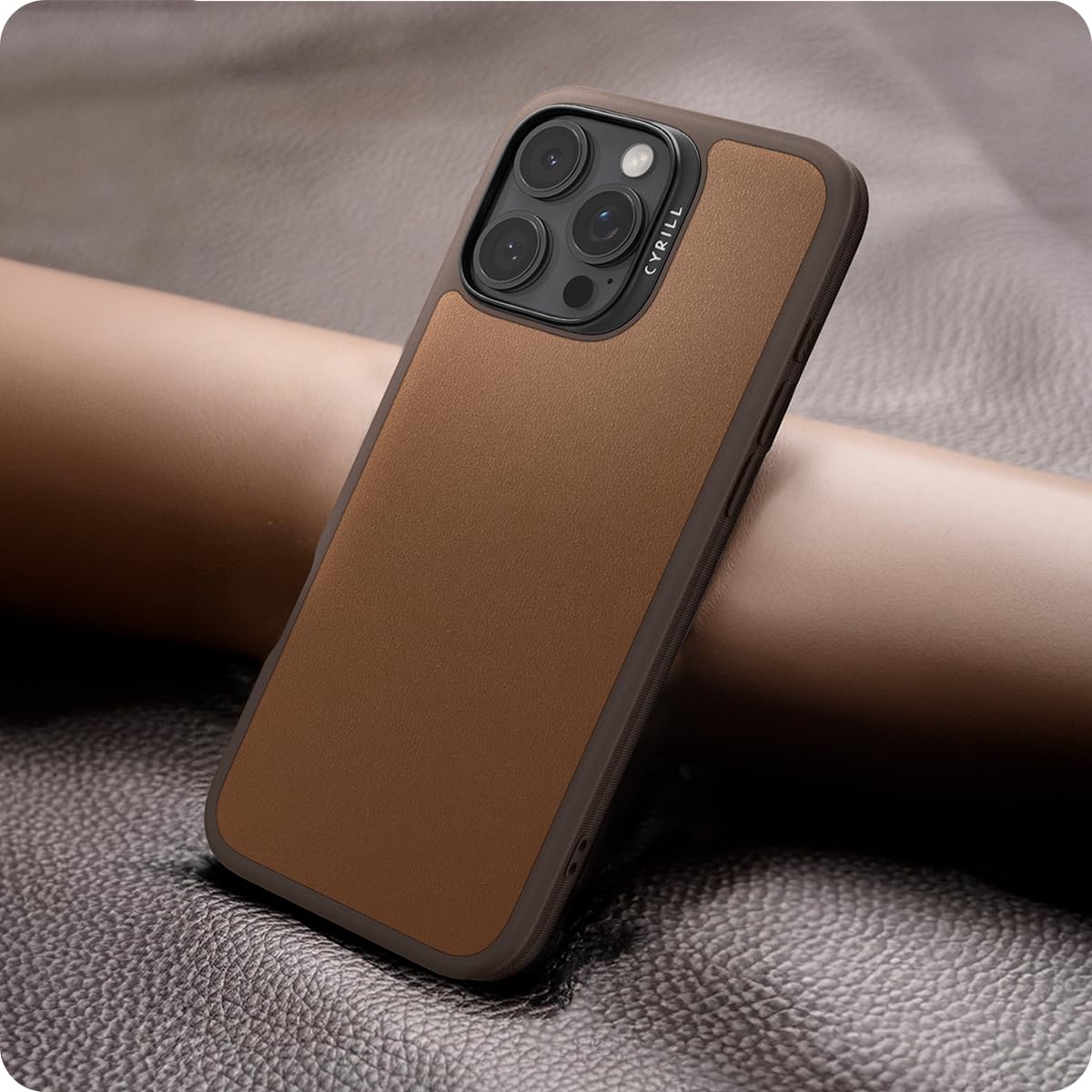 Premium Vegan Leather Case for iPhone 16 Pro - Shock-Absorbent MagSafe Compatible Bumper - CYRILL Kajuk Mag (Saddle Brown) - Perfect for Work, Travel & Everyday Protection