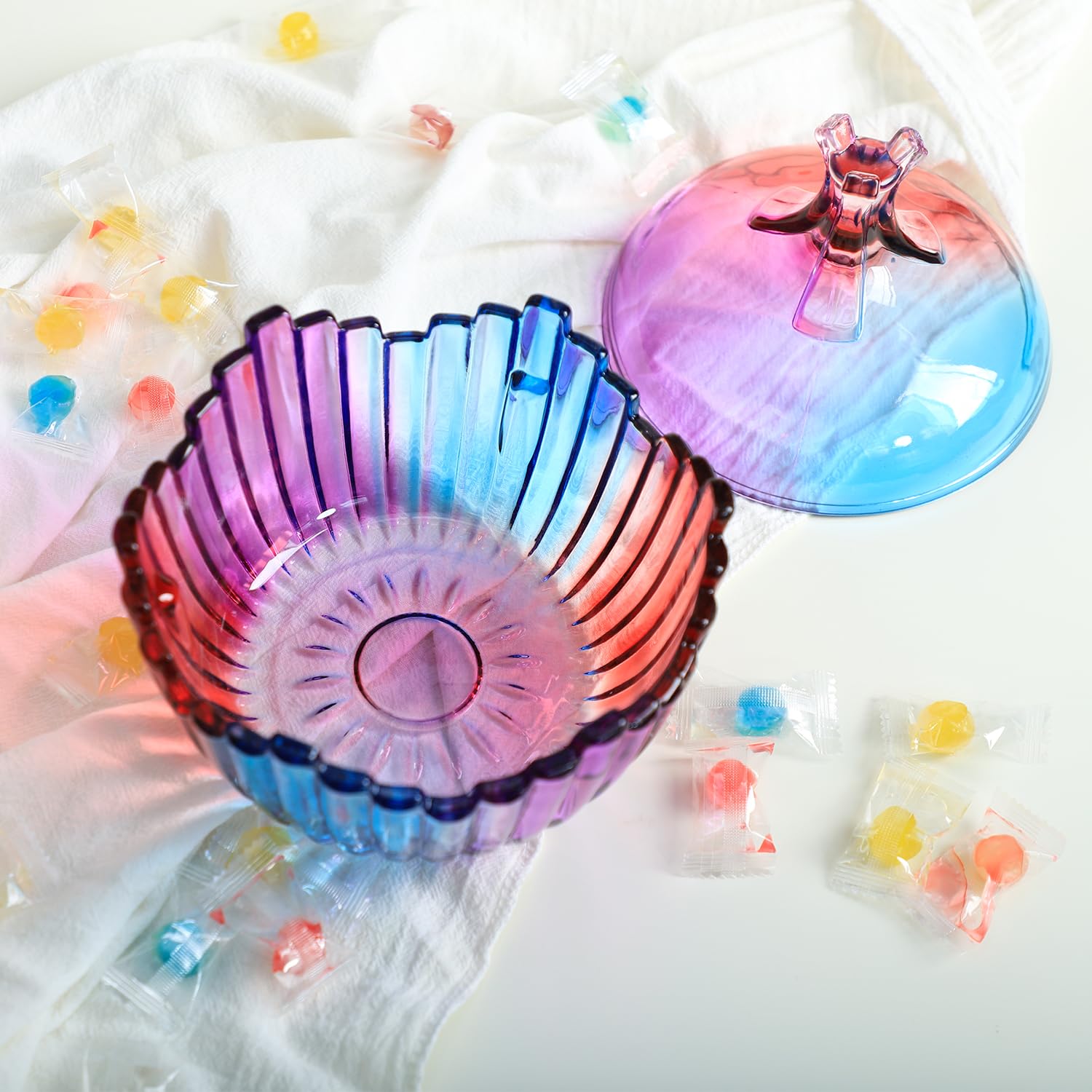 Royal Large Glass Candy Dish with Lid - Purple Rainbow Clear Apothecary Jar for Wedding Candy Buffet, Party Treats & Home Decor (27oz) | Perfect for Candy Storage, Dessert Display & Gift Giving