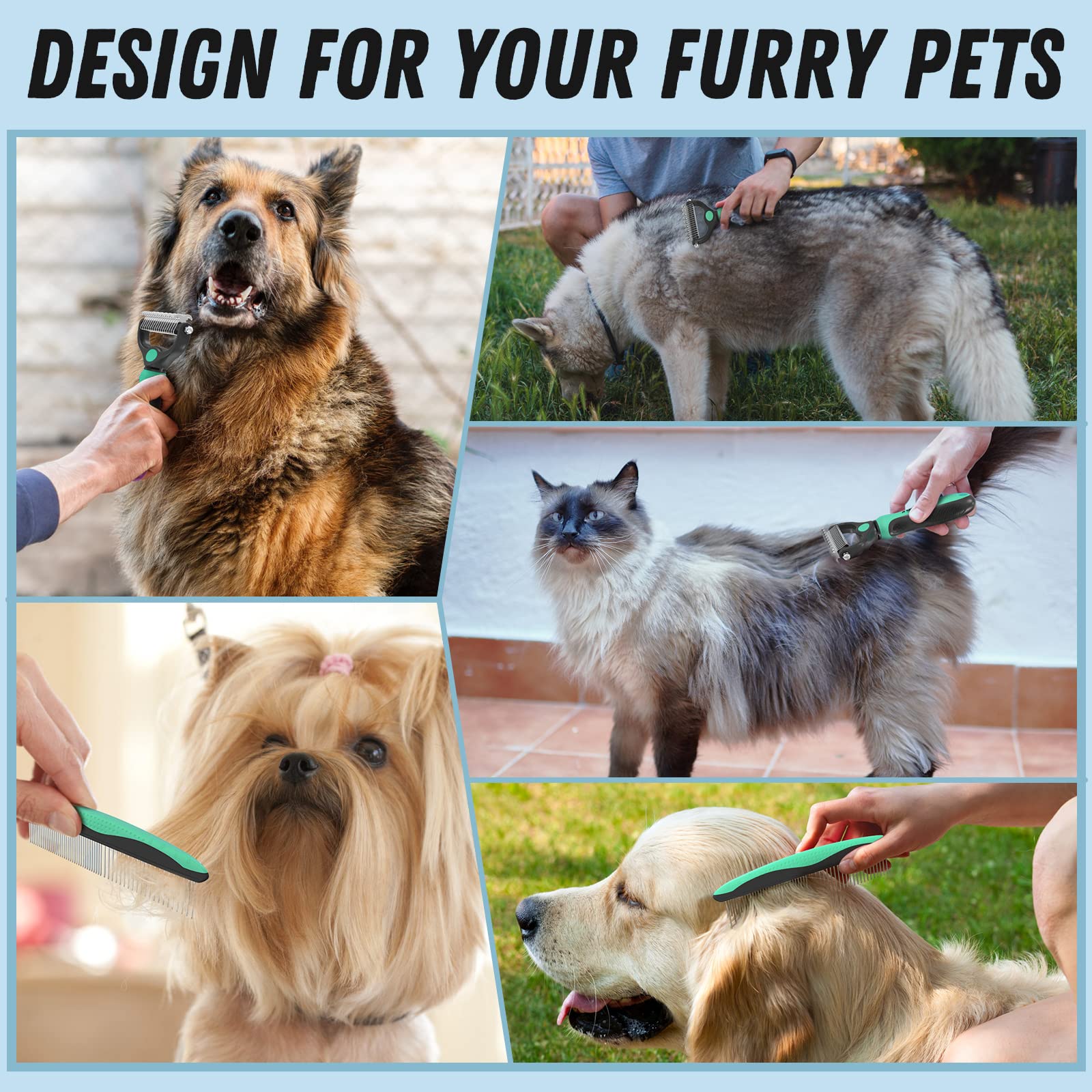Premium Pet Grooming Brush & Metal Comb Set - Deshedding Brush for Dogs & Cats, Undercoat Rake & Dematting Tool for Long-Haired Pets - Green (Perfect for Home Grooming & Shedding Control)