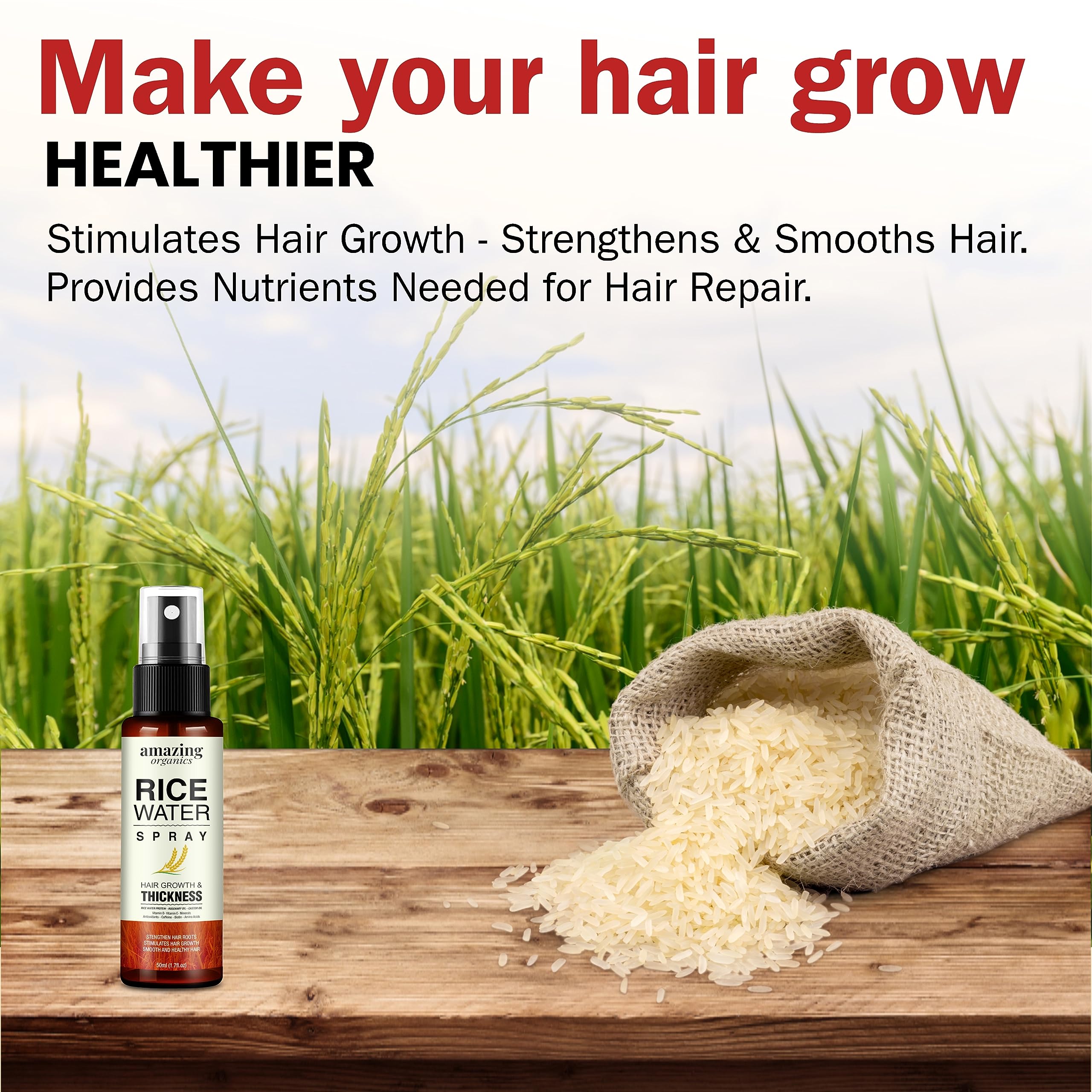 Rice Water Hair Growth Spray with Rosemary & Castor Oil - Natural Hair Loss Treatment for Women & Men - Promotes Thicker, Stronger Hair for Daily Care & Styling