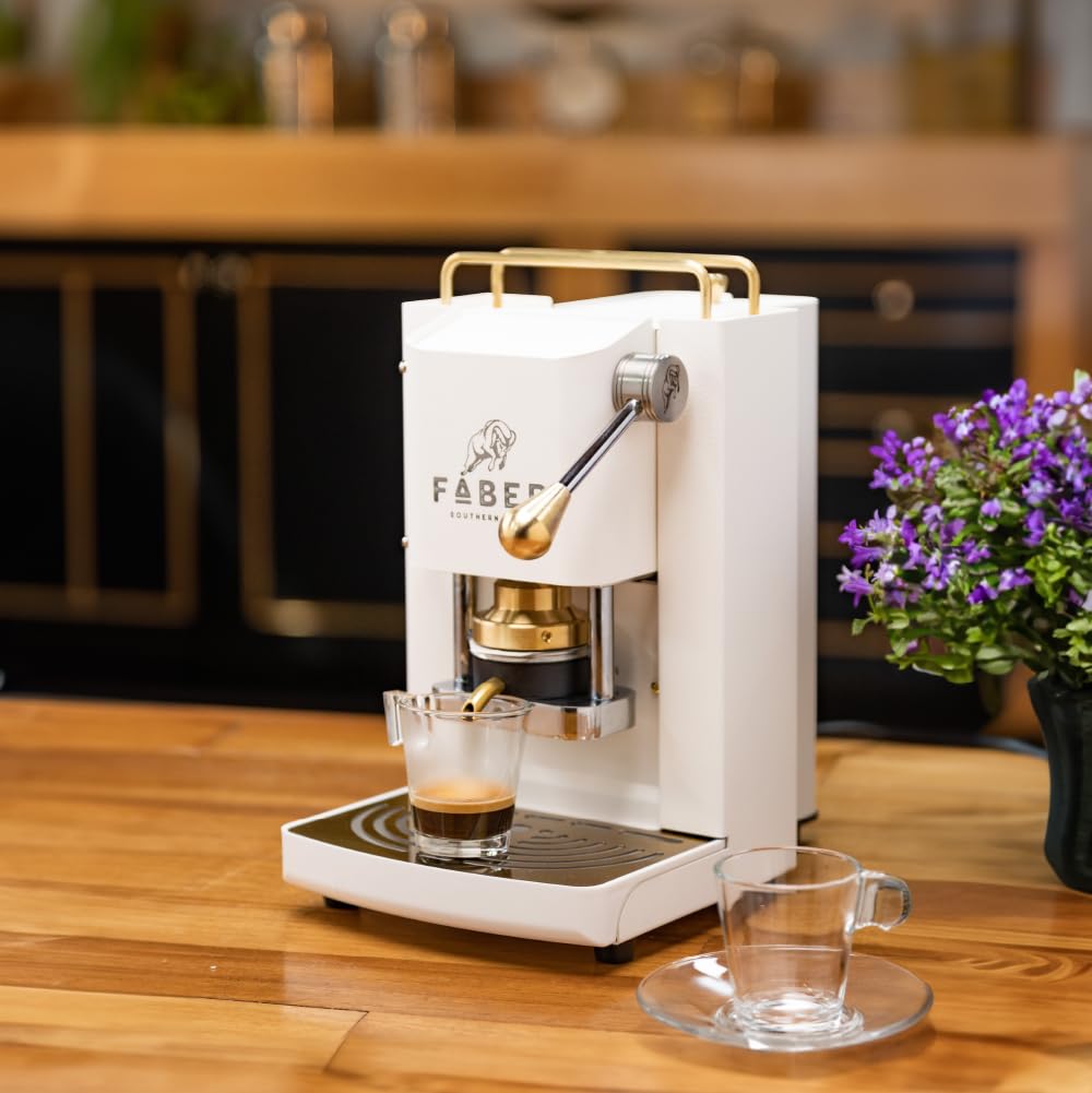 FABER PRO MINI DELUXE Coffee Machine | 44mm Single Serve Capsule Espresso Maker | Adjustable Brass Pressure Head | Pure White | Perfect for Home, Office & Small Cafes