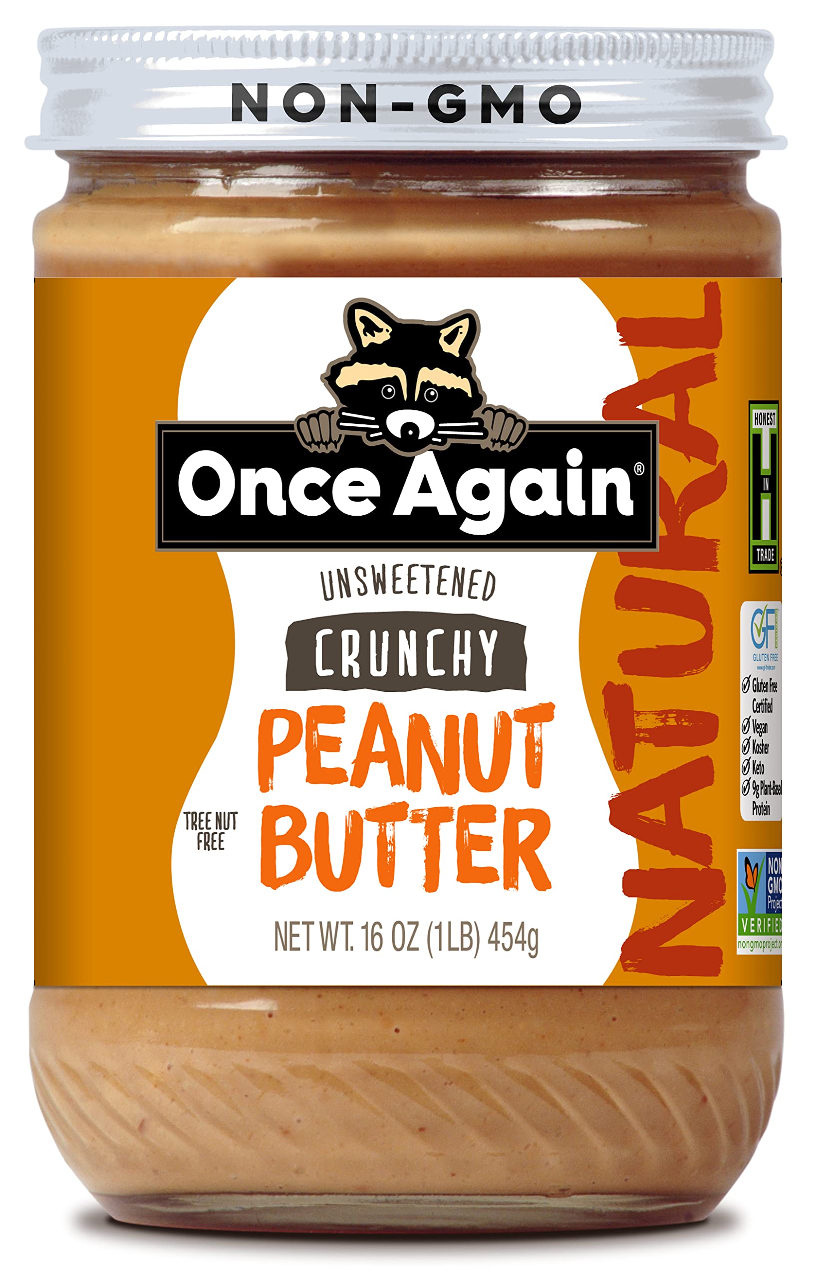 Once Again Natural Crunchy Peanut Butter 16oz - Lightly Salted, Unsweetened, Gluten Free, Vegan, Kosher, Non-GMO - Healthy Snack for Sandwiches, Smoothies & Baking - Packed in Glass Jar