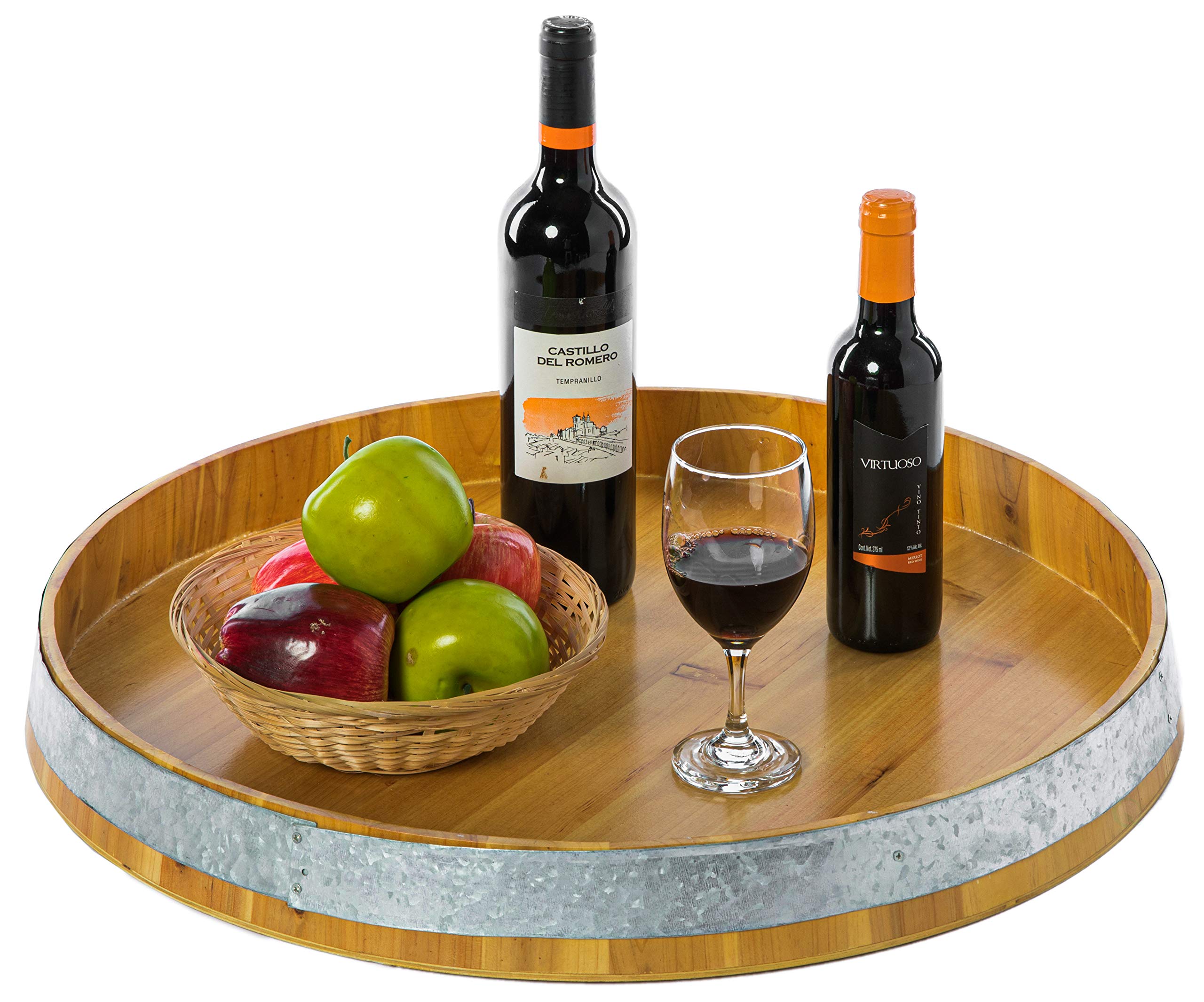 Large Wooden Barrel Head Decorative Serving Tray - Rustic Farmhouse Style Storage Tray for Home Decor, Kitchen Organization & Party Serving - Perfect for Wine Bottles, Fruits, Bread Display