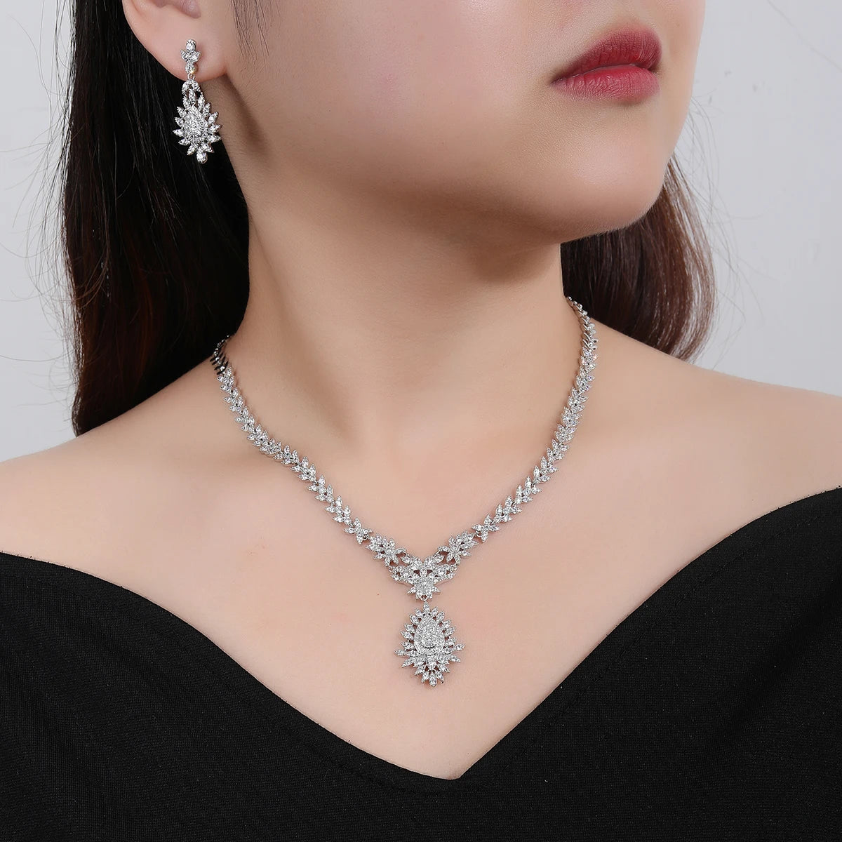 2Pcs Cubic Zirconia Bridal Wedding Jewelry Set - Necklace & Earrings for Women, Elegant Bride Accessories | Perfect for Weddings, Anniversaries & Formal Events