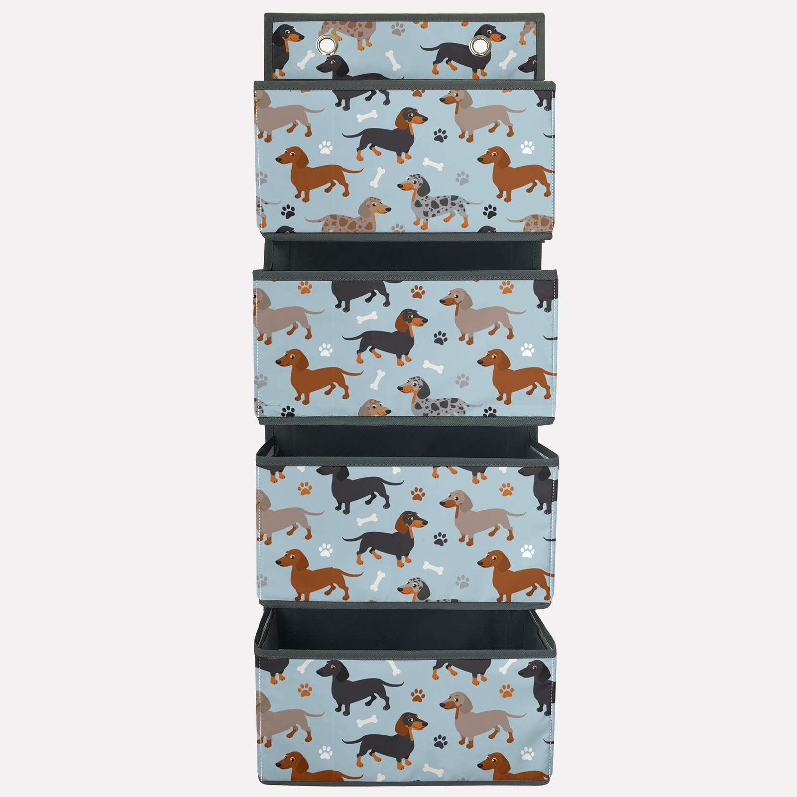 WELLFLYHOM Over The Door Hanging Organizer - 4 Pocket Storage Bag with 2 Hooks for Bedroom, Bathroom, Pantry & Nursery - Cute Dachshund Dog Paw Print Design - Perfect for Closet, Kitchen & Small Space Organization