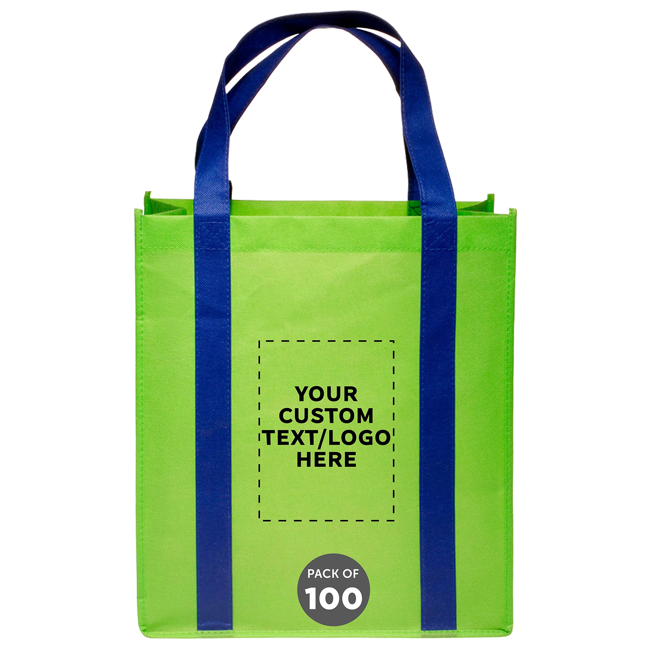 Custom Non-Woven Reusable Shopping Tote Bags - Bulk Pack of 100 Personalized Grocery Bags - Eco-Friendly Beach, Picnic & Wedding Favors - Lime Green & Blue - Perfect for Retail Promotions, Supermarket Shopping & Outdoor Events