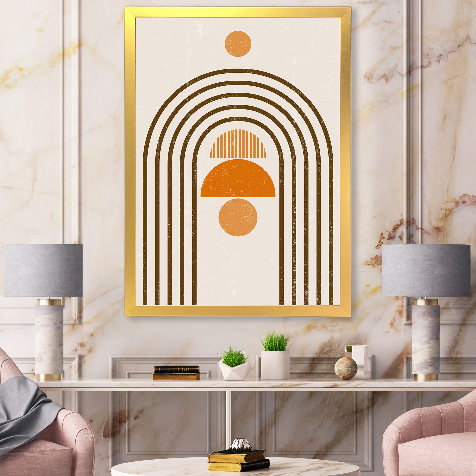 Abstract Rainbow Sun and Moon Earth Tone Painting - Modern Framed Wall Art Decor for Living Room, Bedroom & Office